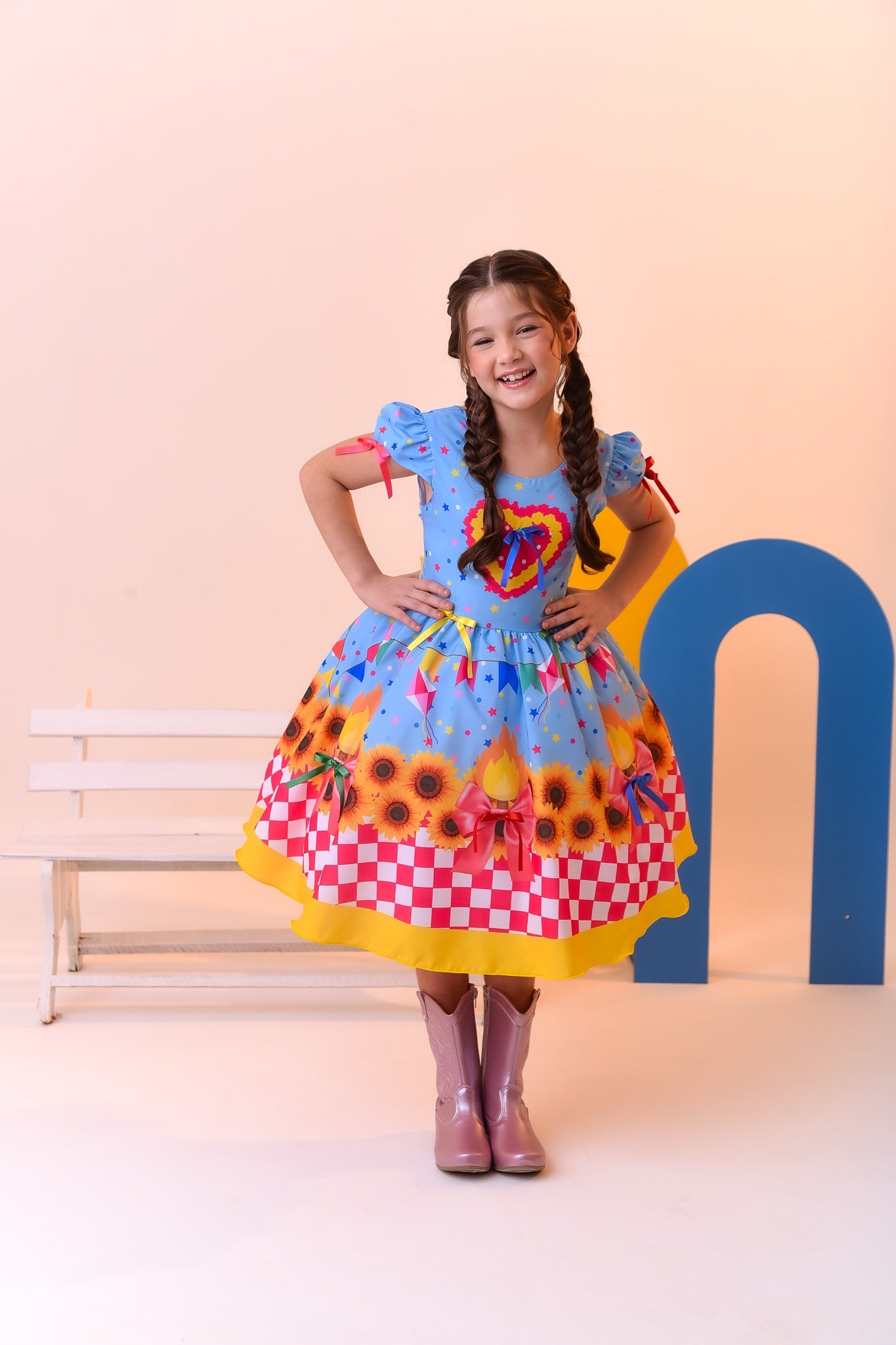 Vestido Infantil Junino Luxo Azul Girassol Colorido