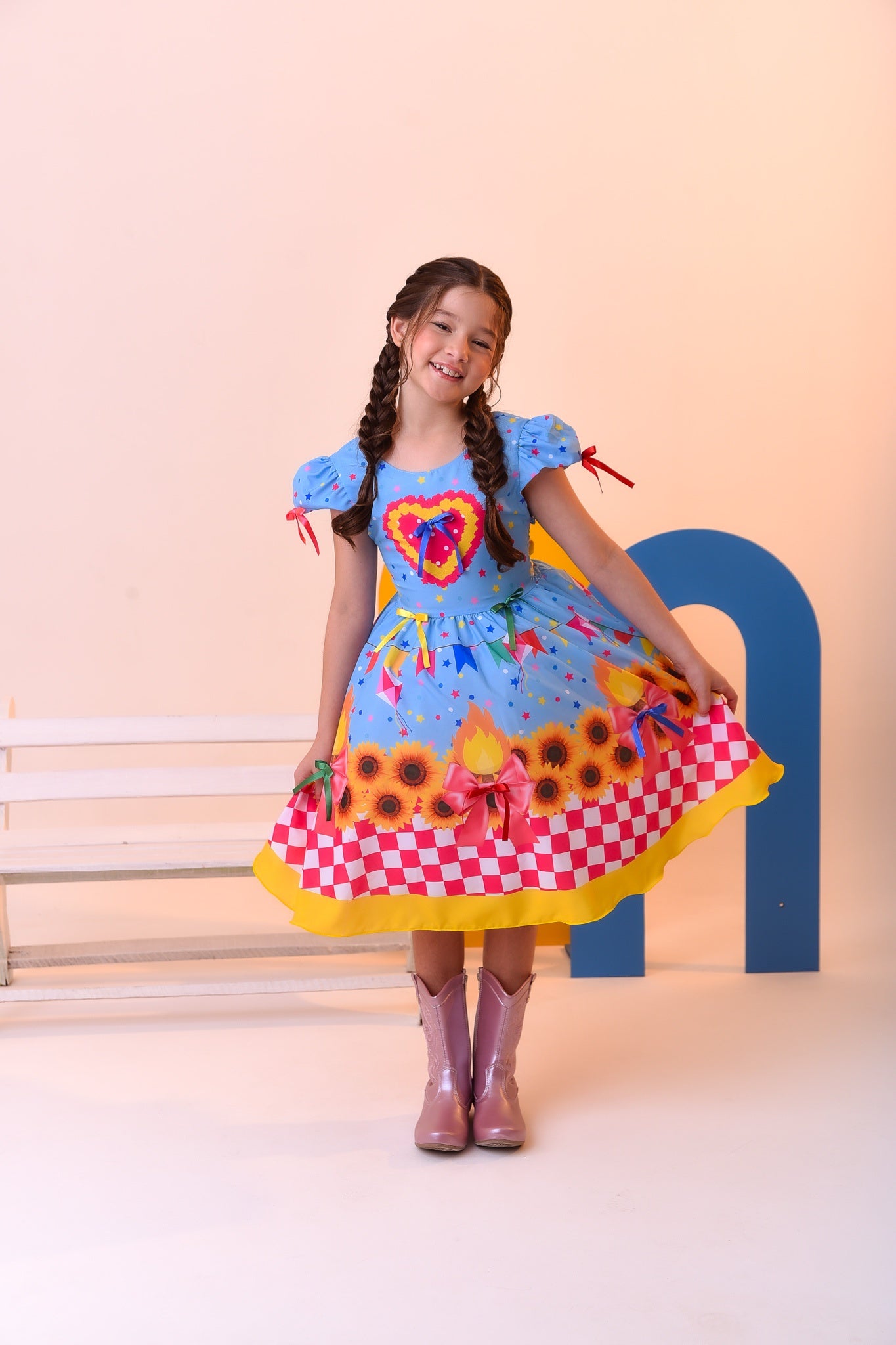 Vestido Infantil Junino Luxo Azul Girassol Colorido