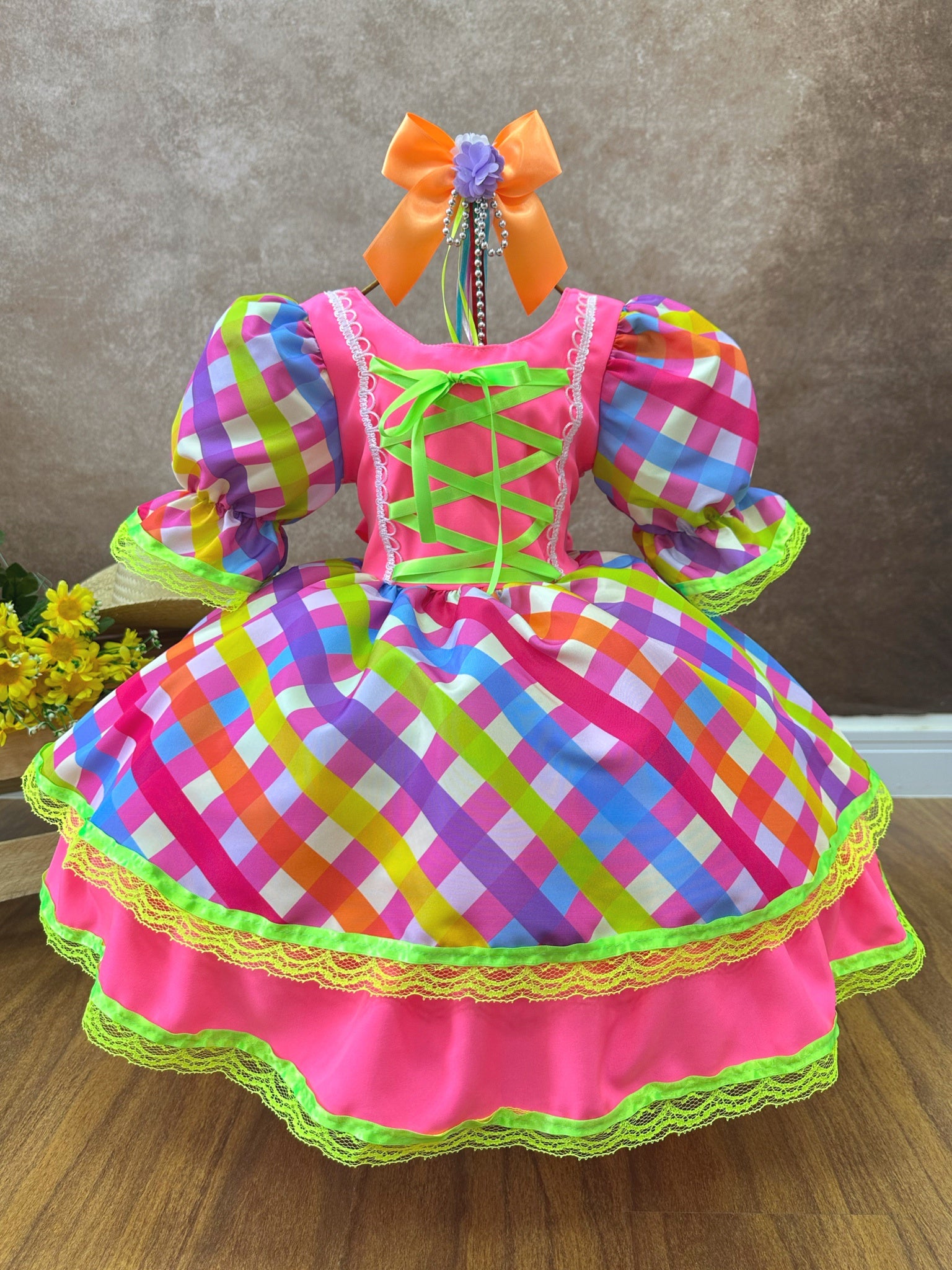 Vestido Infantil Junino Arraiá Rosa Neon Colorido Xadrez