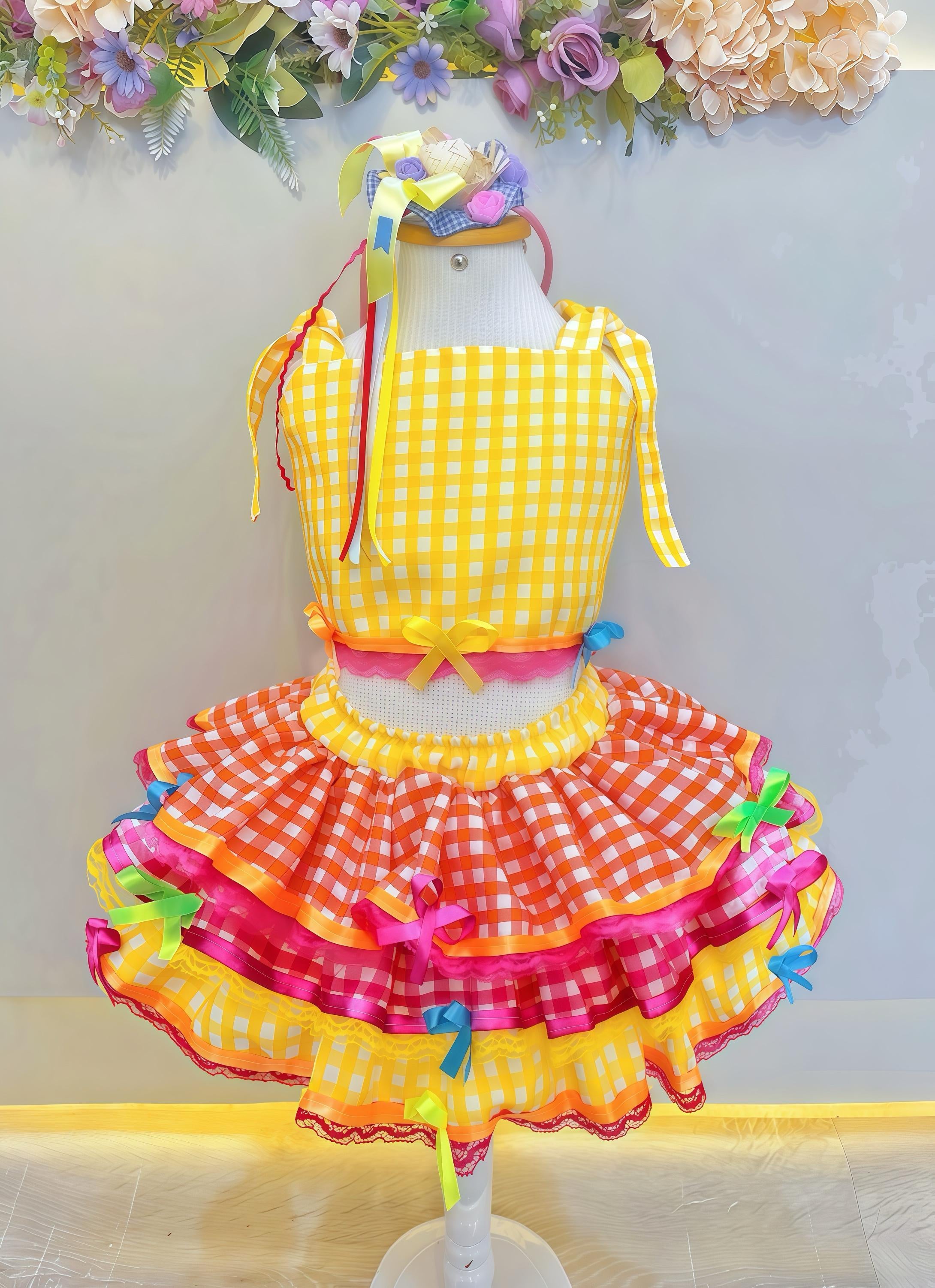 Conjunto Meninas Junino Cropped C/ Saia Amarelo Xadrez Colorido