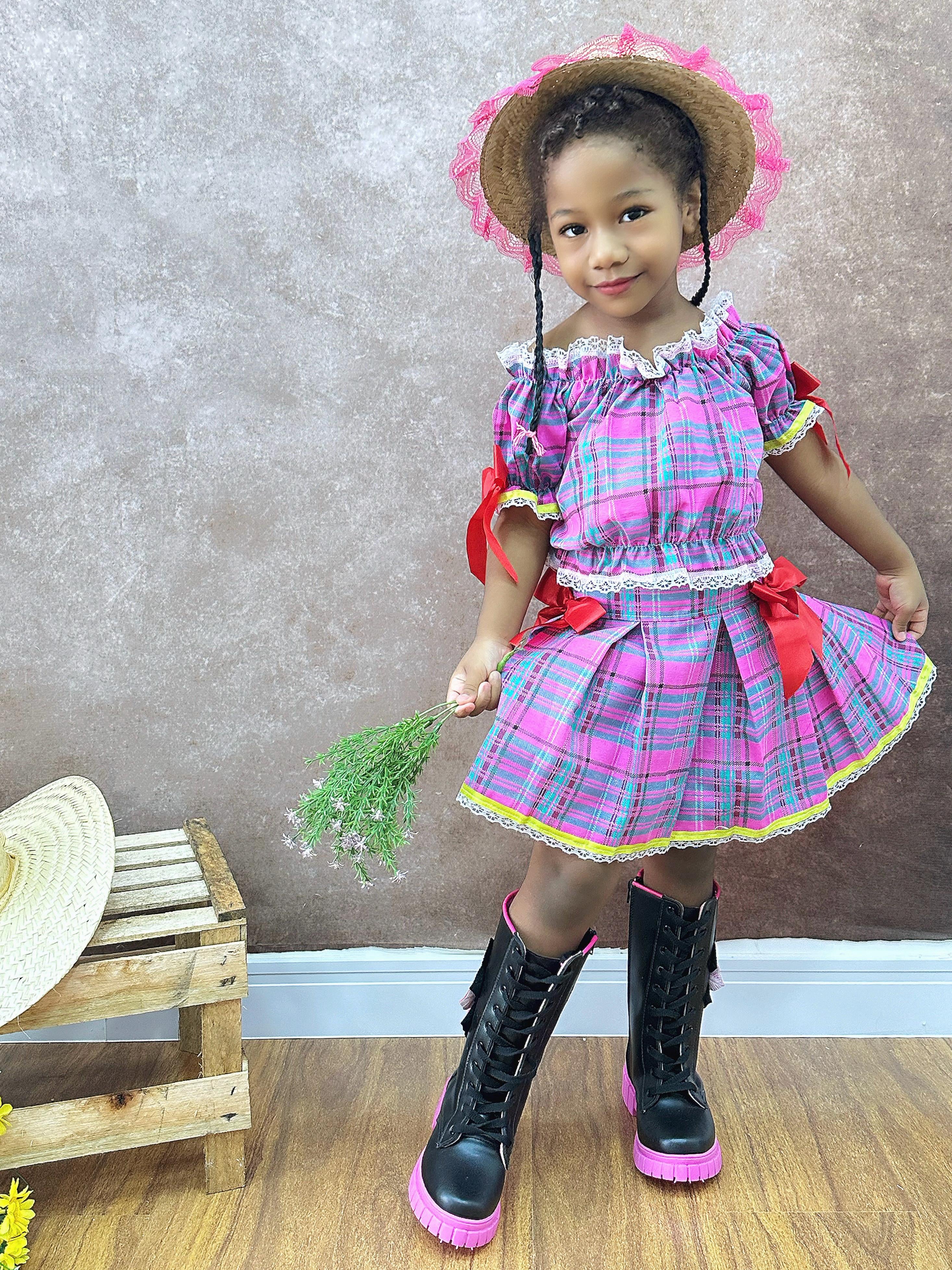 Conjunto Infantil Junino Ciganinha Rosa Chiclete Xadrez Colorido