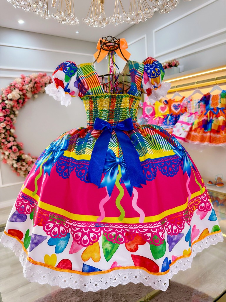 Vestido Infantil Junino Xadrez Colorido Super Luxo