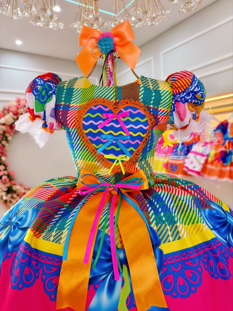 Vestido Infantil Junino Xadrez Colorido Super Luxo