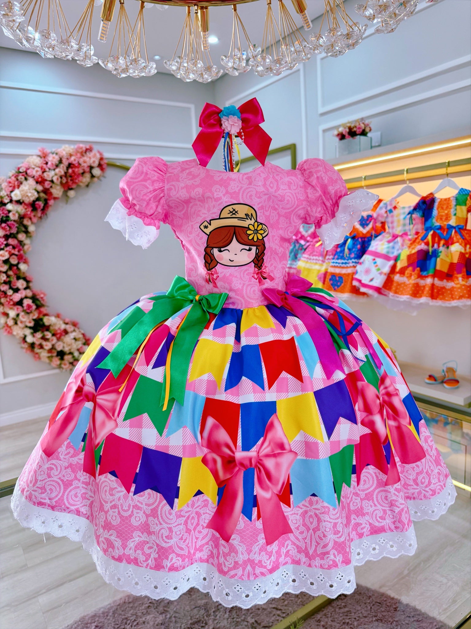 Vestido Infantil Junino Rosa Maria Bonita Super Luxo
