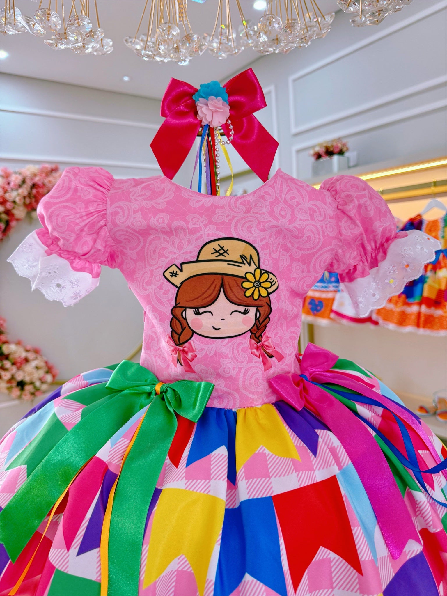 Vestido Infantil Junino Rosa Maria Bonita Super Luxo