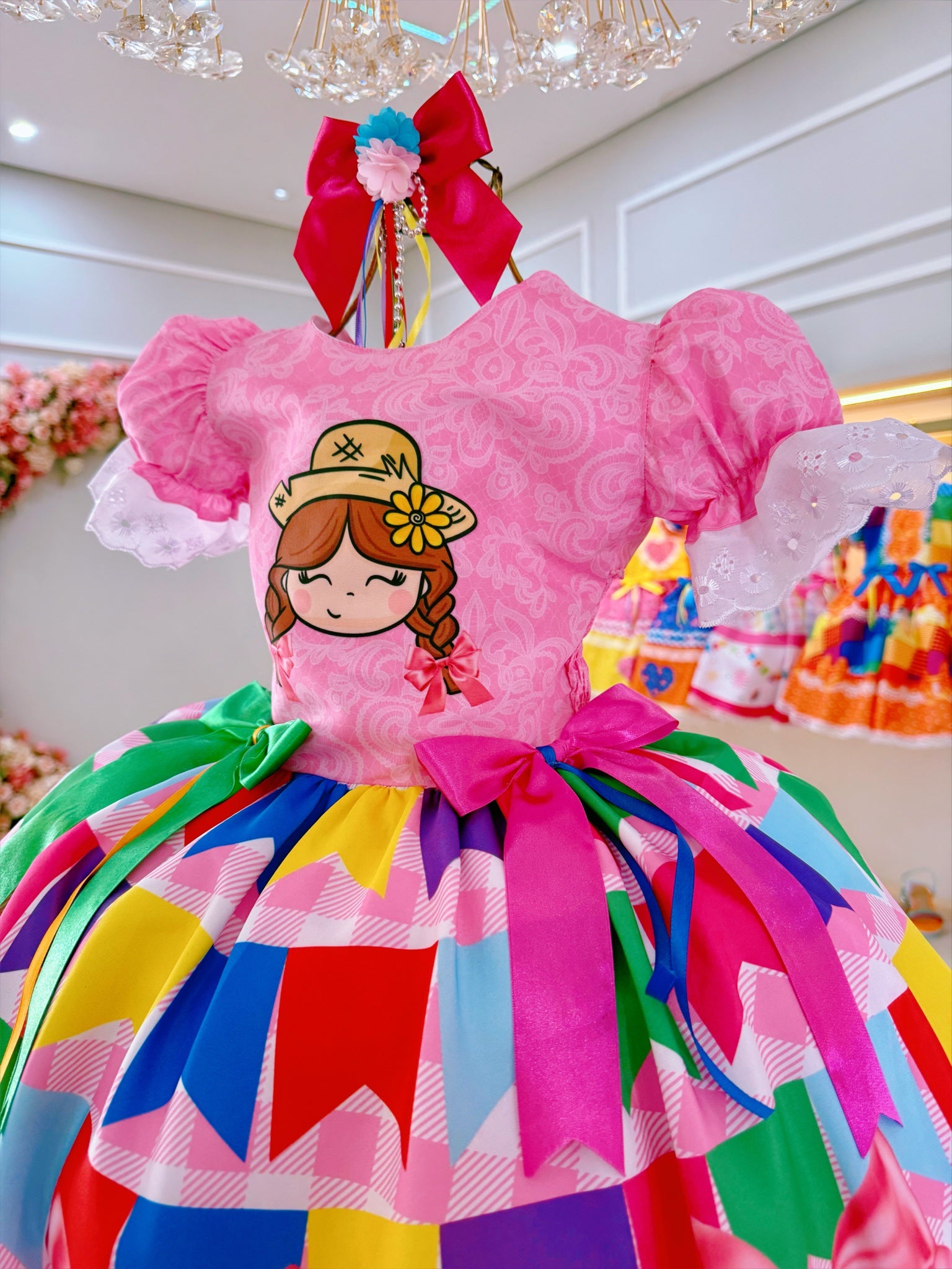 Vestido Infantil Junino Rosa Maria Bonita Super Luxo