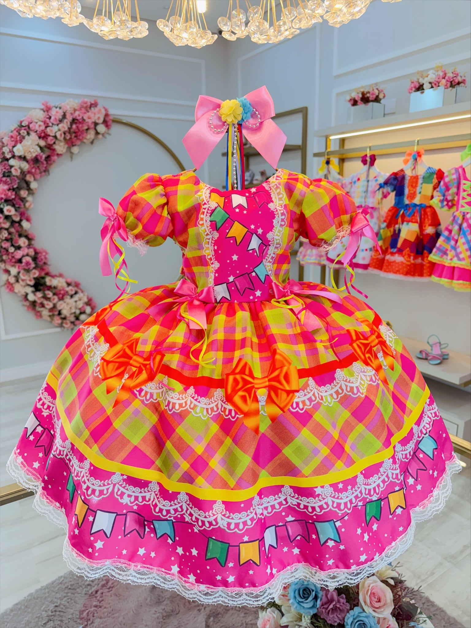 Vestido Infantil Junino Rosa Chiclete Xadrez Colorido Luxo