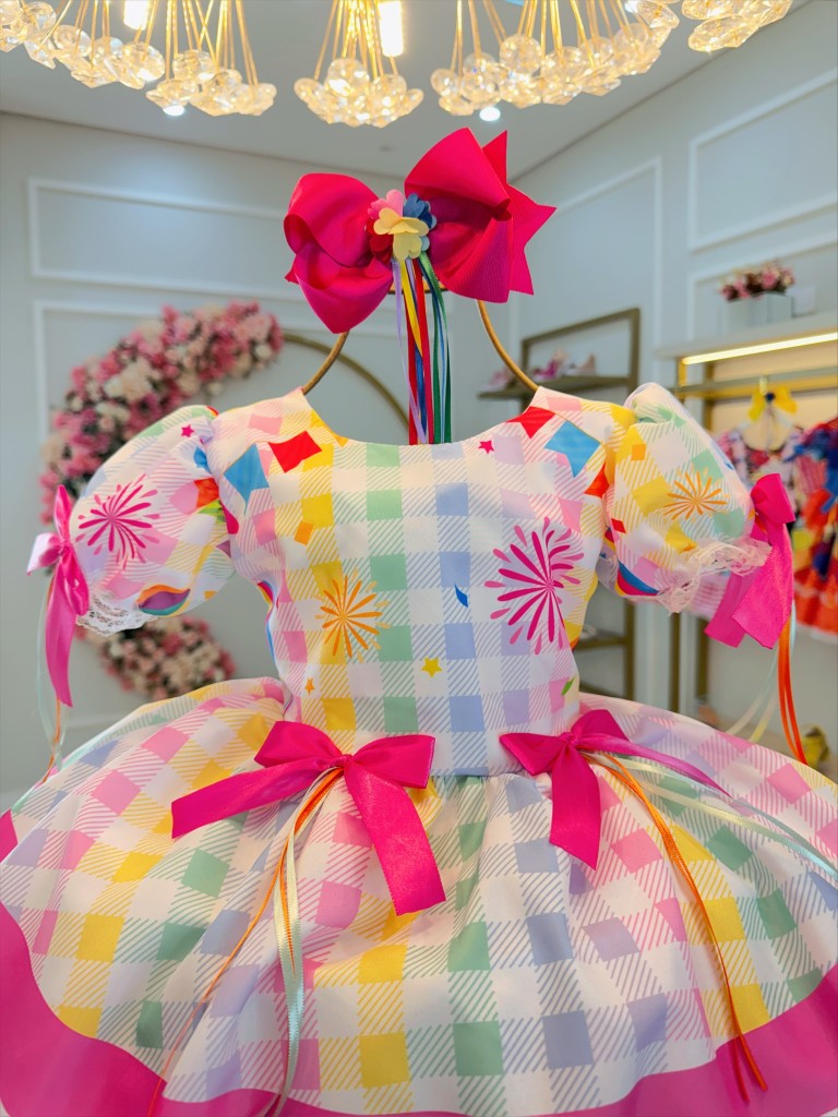 Vestido Infantil Junino Branco Xadrez Colorido Luxo Festas