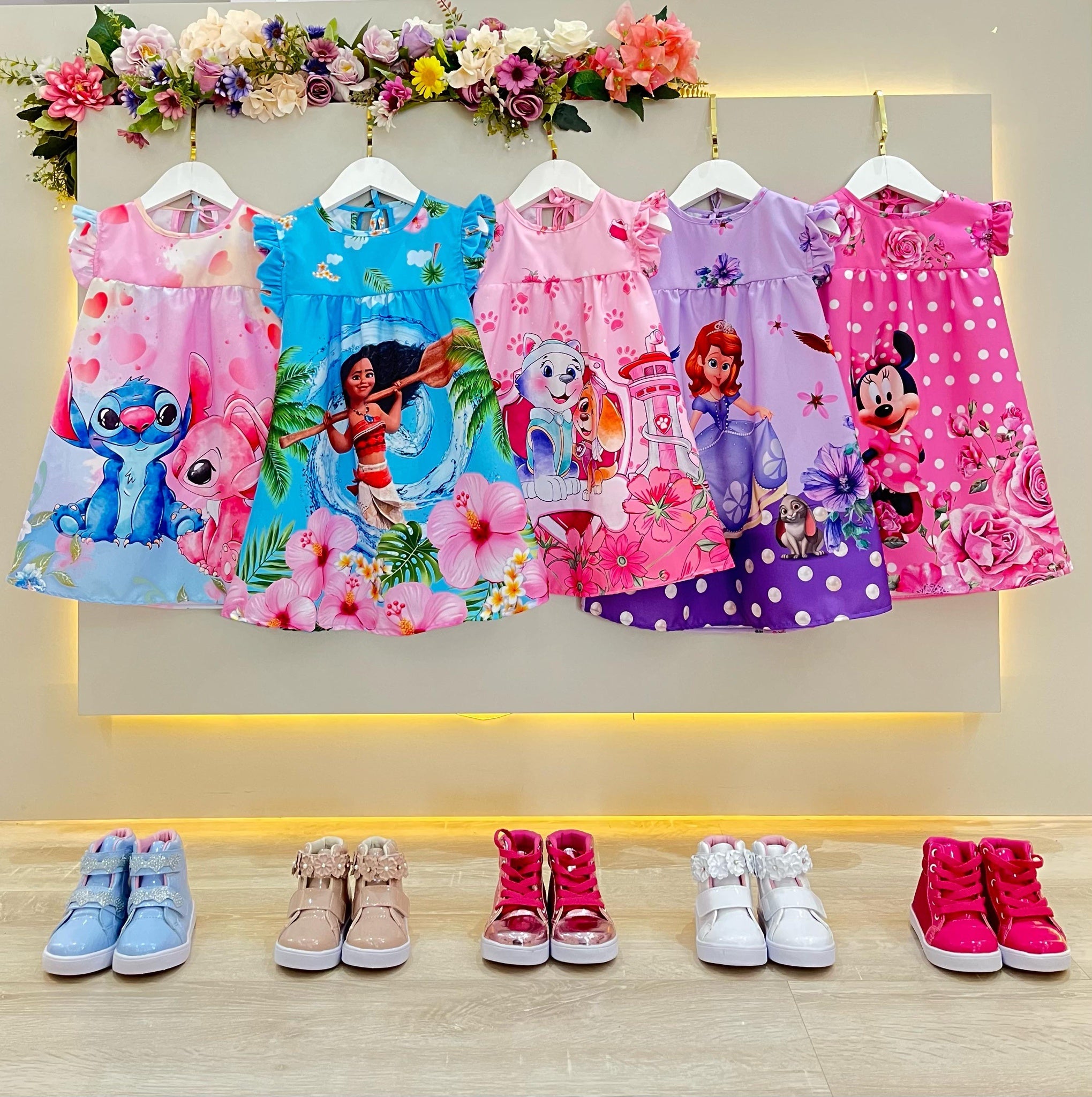 Vestido Infantil Trapézio Lilo Stitch e Angel Rosa Manga Flu-Flu
