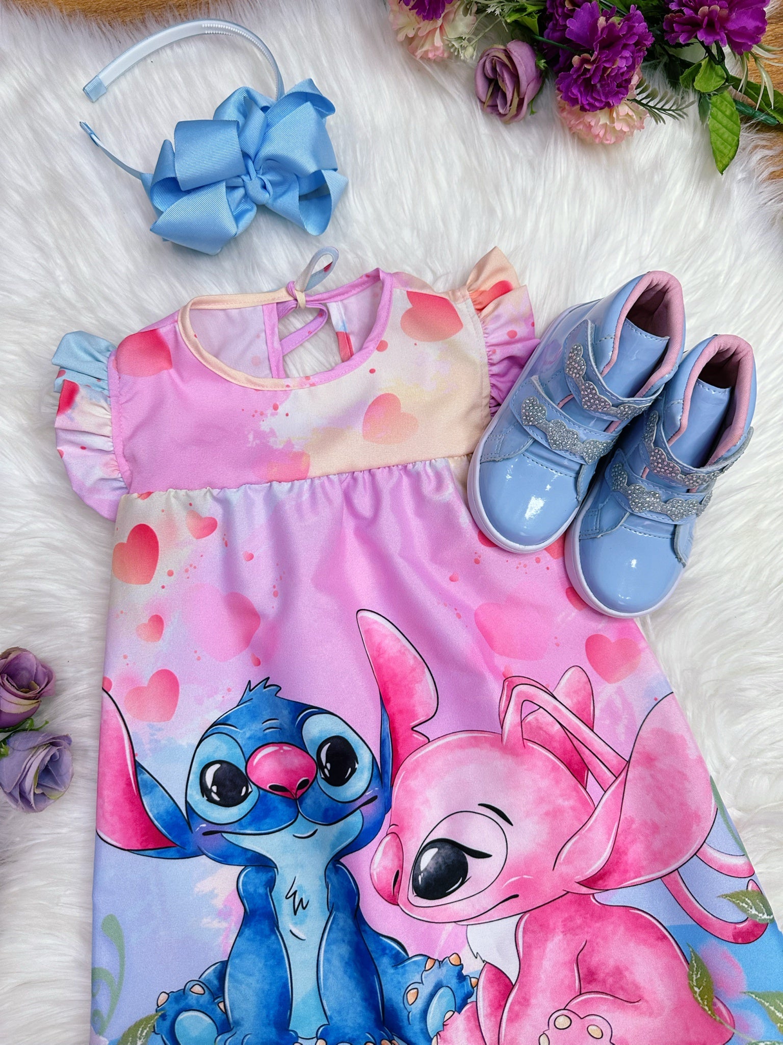 Vestido Infantil Trapézio Lilo Stitch e Angel Rosa Manga Flu-Flu