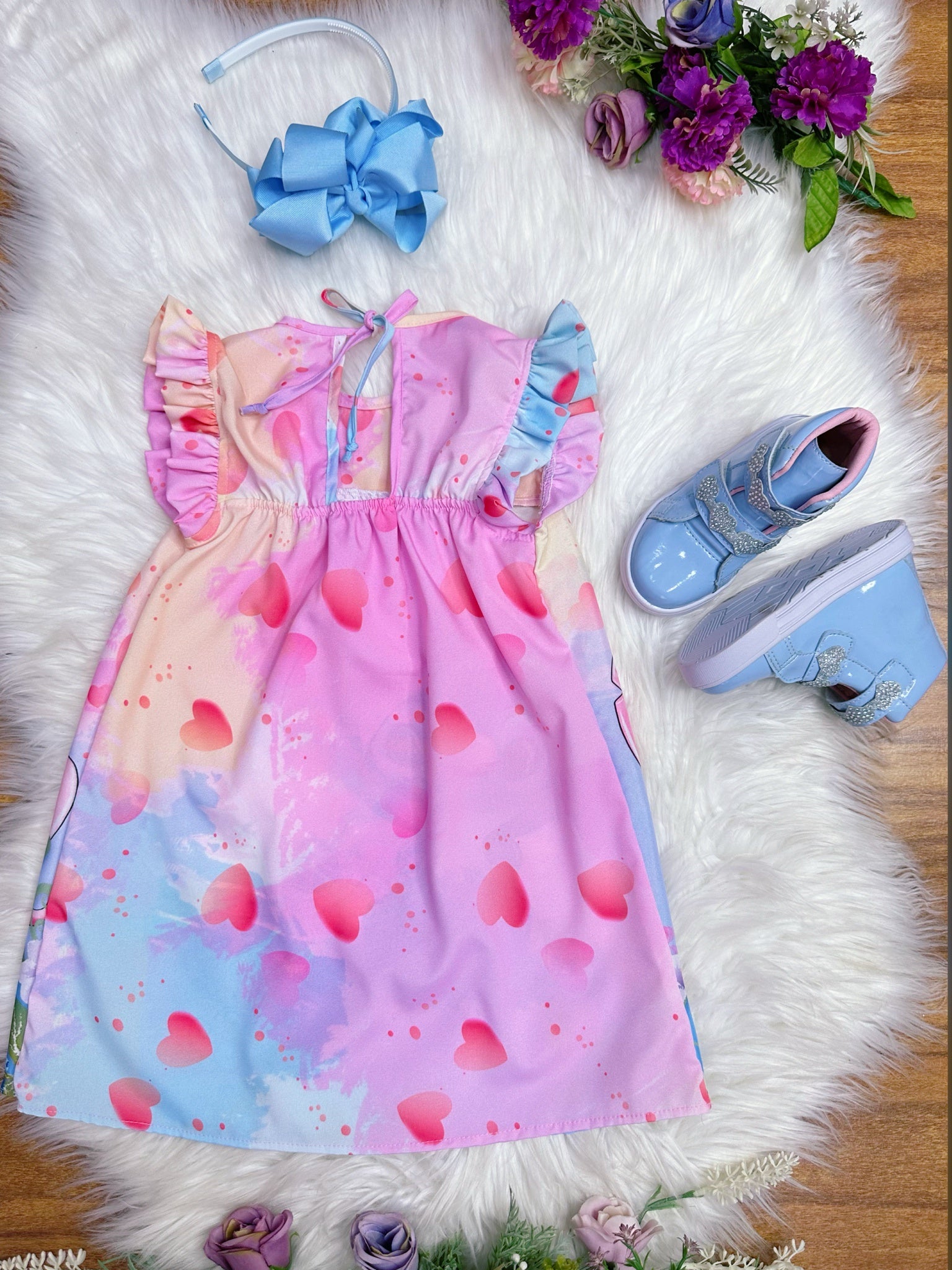 Vestido Infantil Trapézio Lilo Stitch e Angel Rosa Manga Flu-Flu
