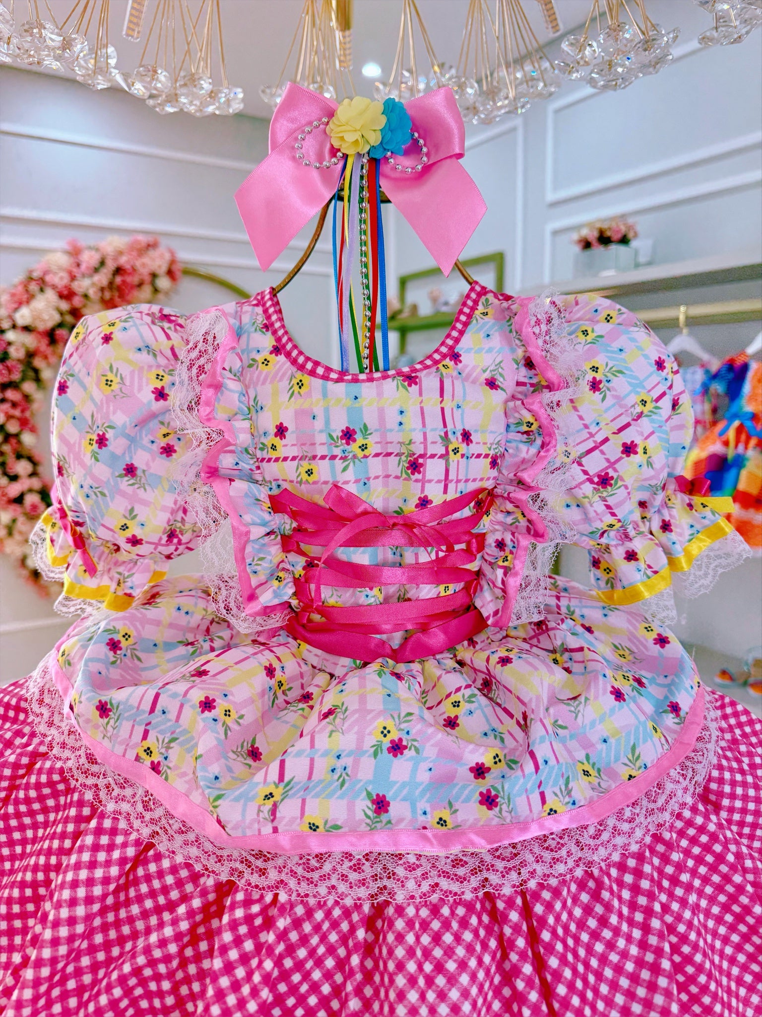 Vestido Junino Arraiá Rosa Colorido Saia C/ Babados Luxo