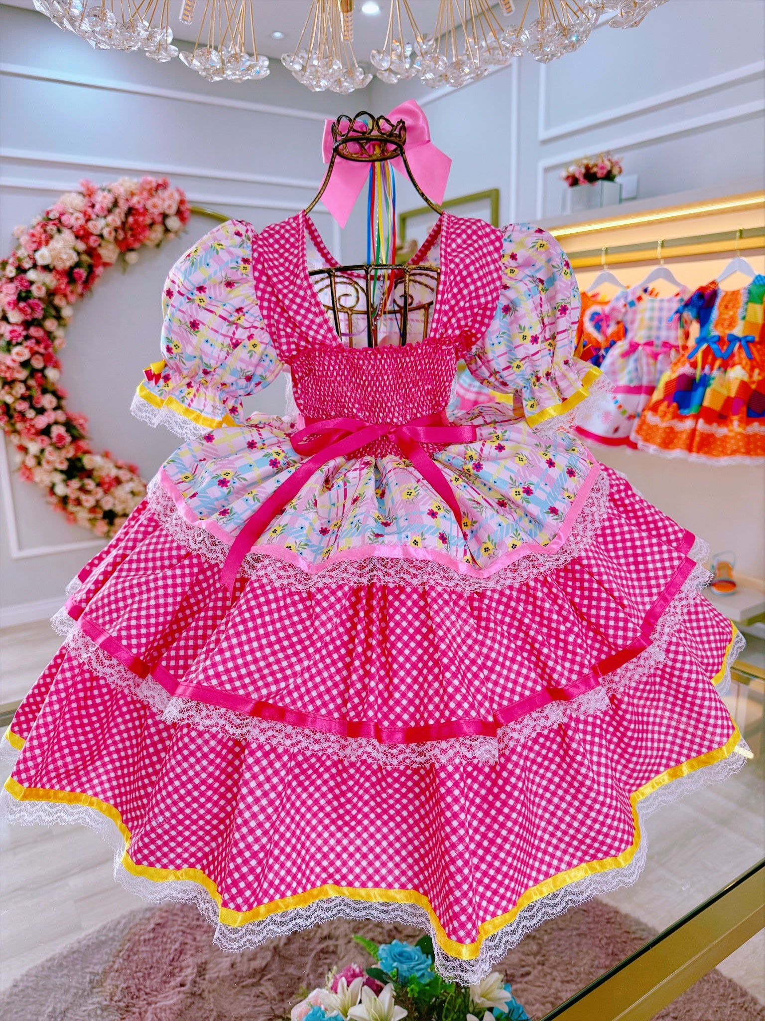 Vestido Junino Arraiá Rosa Colorido Saia C/ Babados Luxo