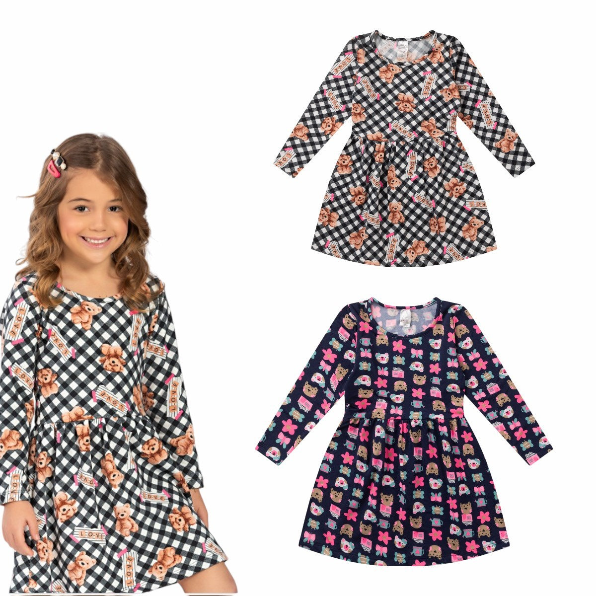 Kit 2 Vestidos Infantil Suplex Flanelado Manga Longa 4 ao 10