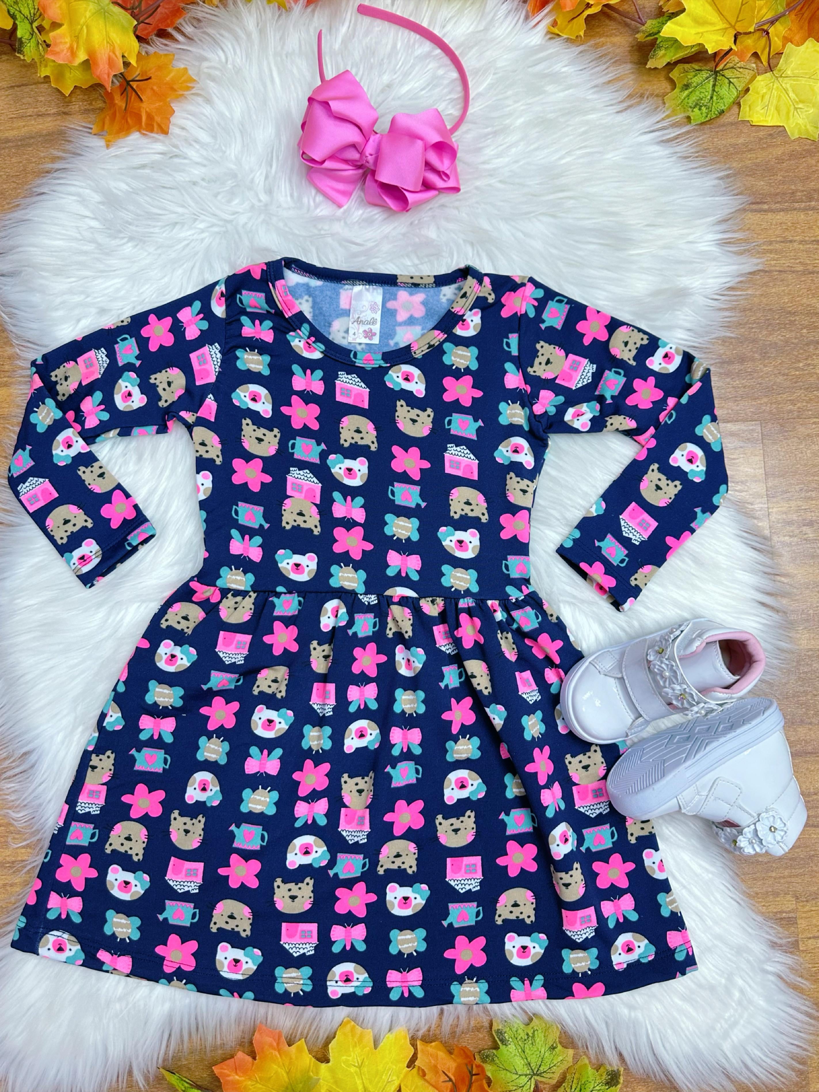 Kit 2 Vestidos Infantil Suplex Flanelado Manga Longa 4 ao 10