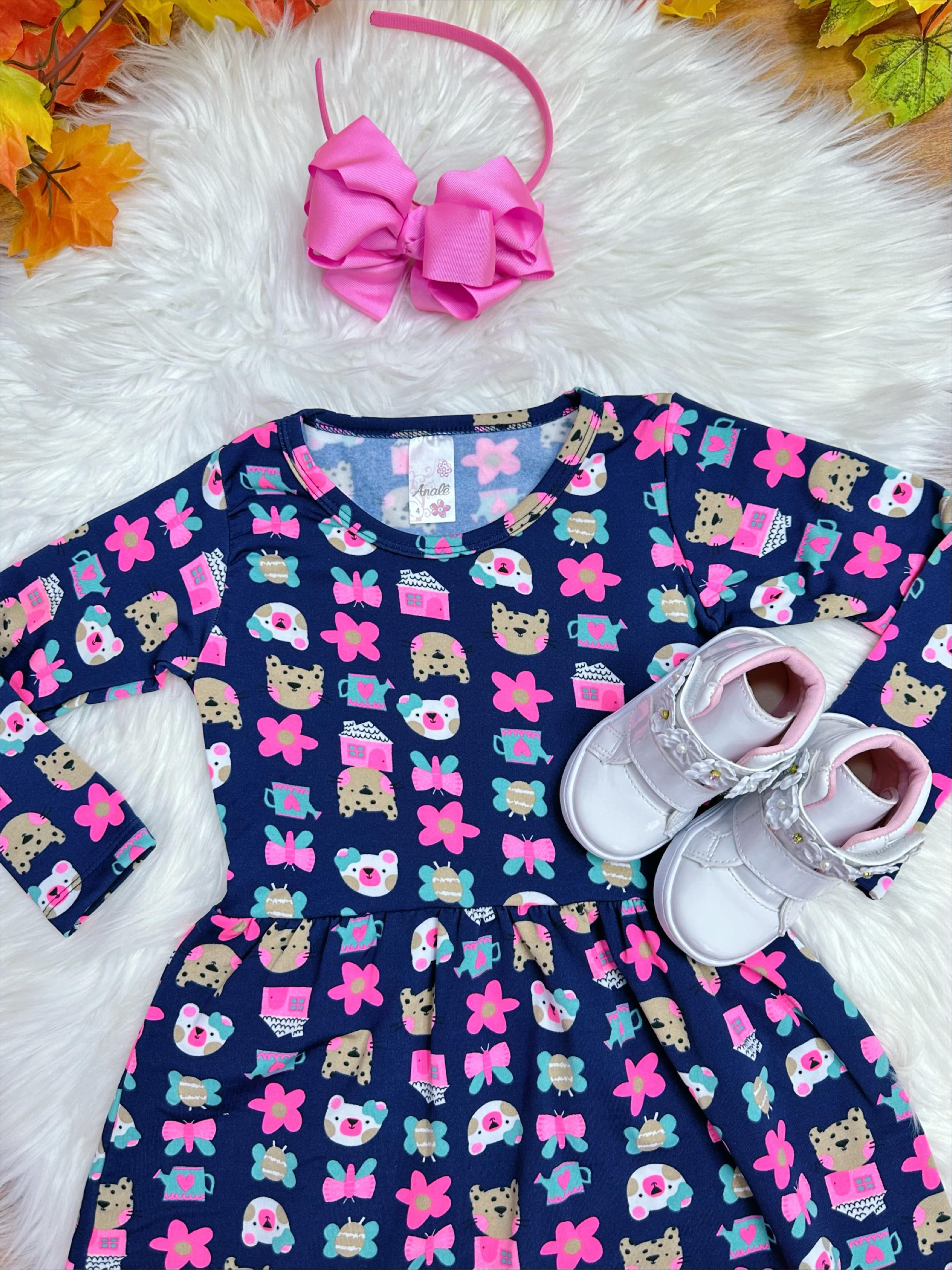 Kit 2 Vestidos Infantil Suplex Flanelado Manga Longa 4 ao 10