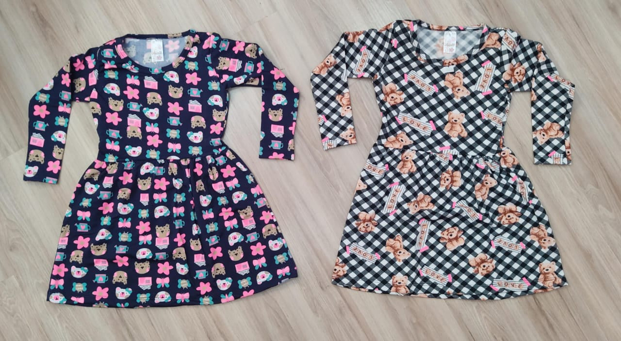 Kit 2 Vestidos Infantil Suplex Flanelado Manga Longa 4 ao 10