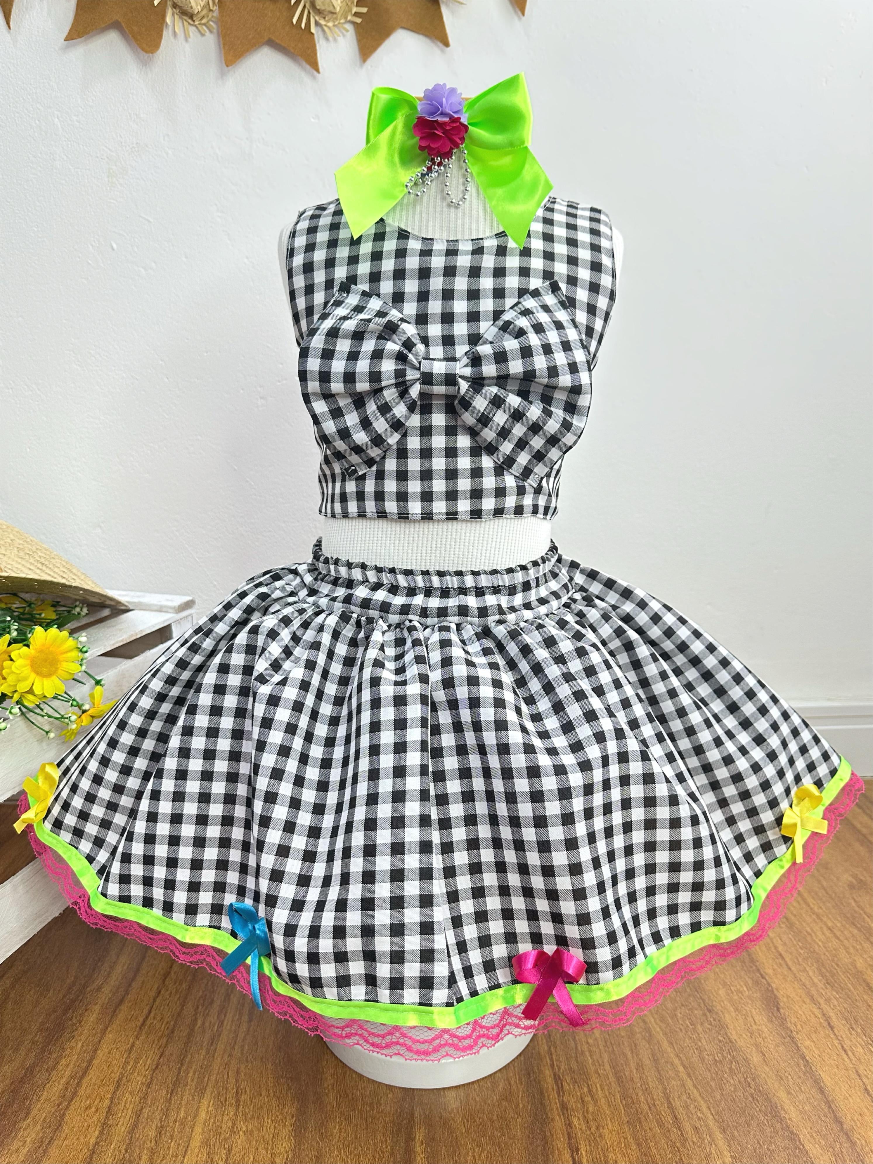 Conjunto Meninas Junino Caipira Preto Xadrez Cropped Com Saia