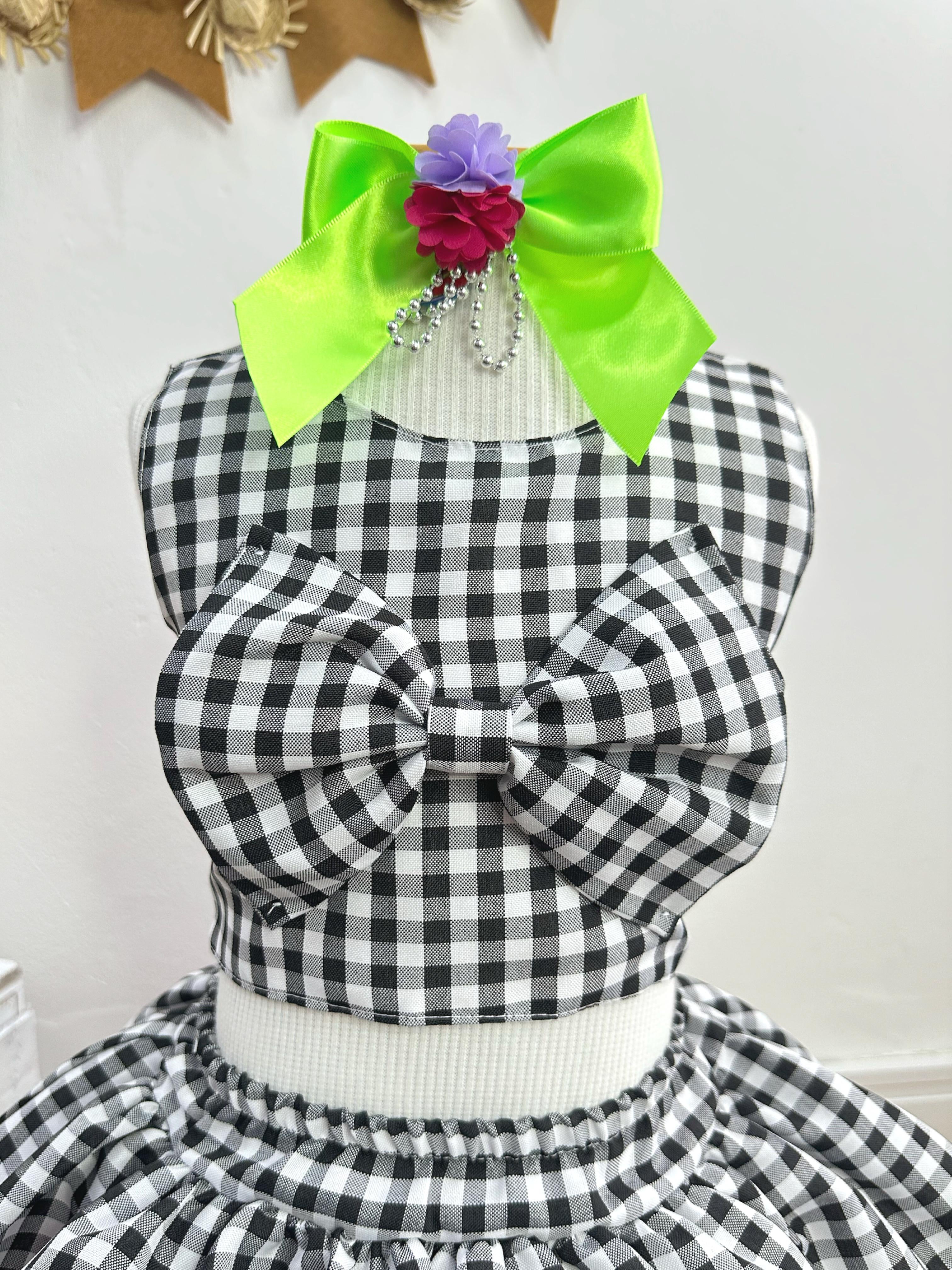 Conjunto Meninas Junino Caipira Preto Xadrez Cropped Com Saia