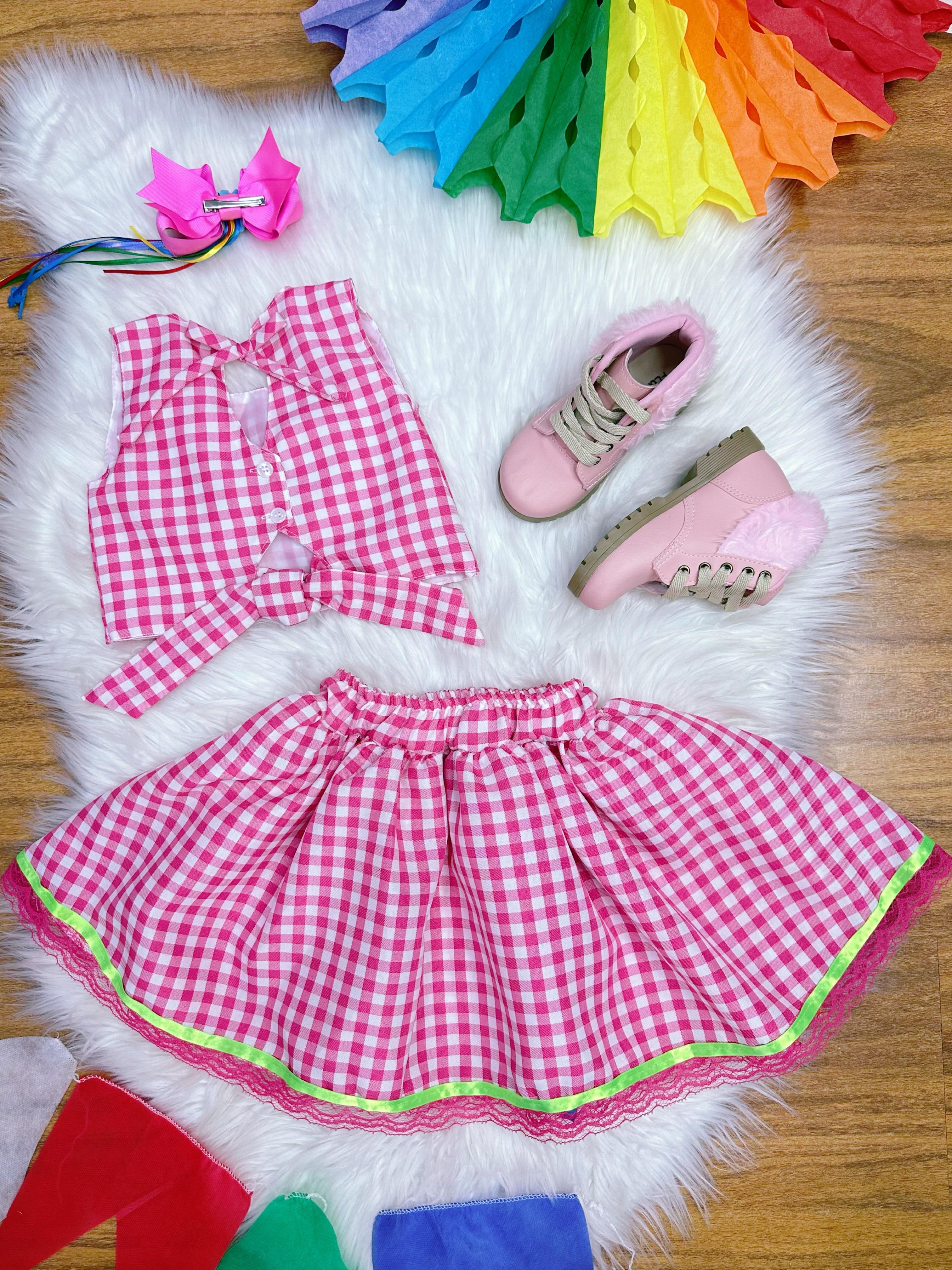 Conjunto Meninas Junino Caipira Rosa Xadrez Cropped Com Saia