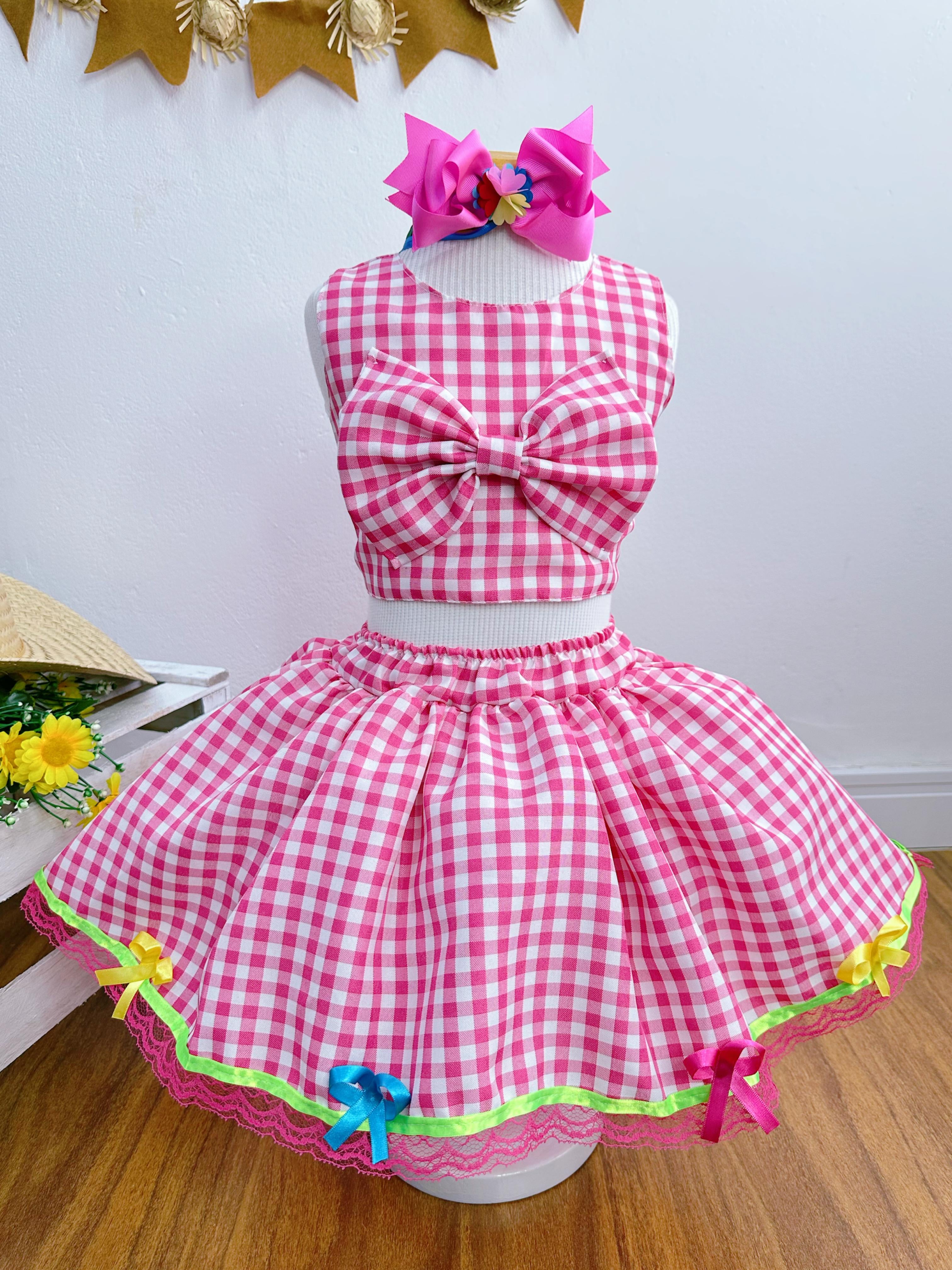 Conjunto Meninas Junino Caipira Rosa Xadrez Cropped Com Saia
