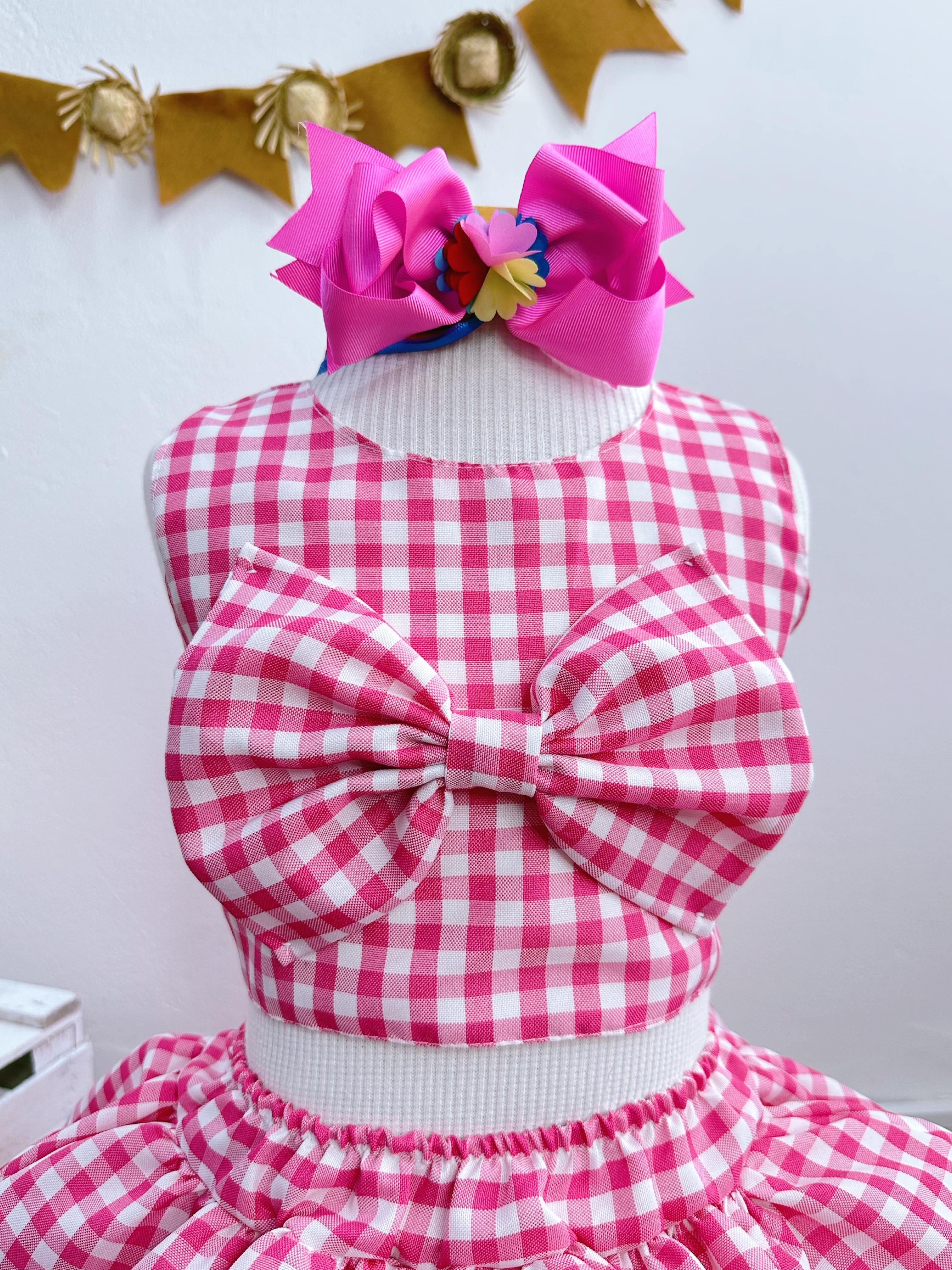 Conjunto Meninas Junino Caipira Rosa Xadrez Cropped Com Saia