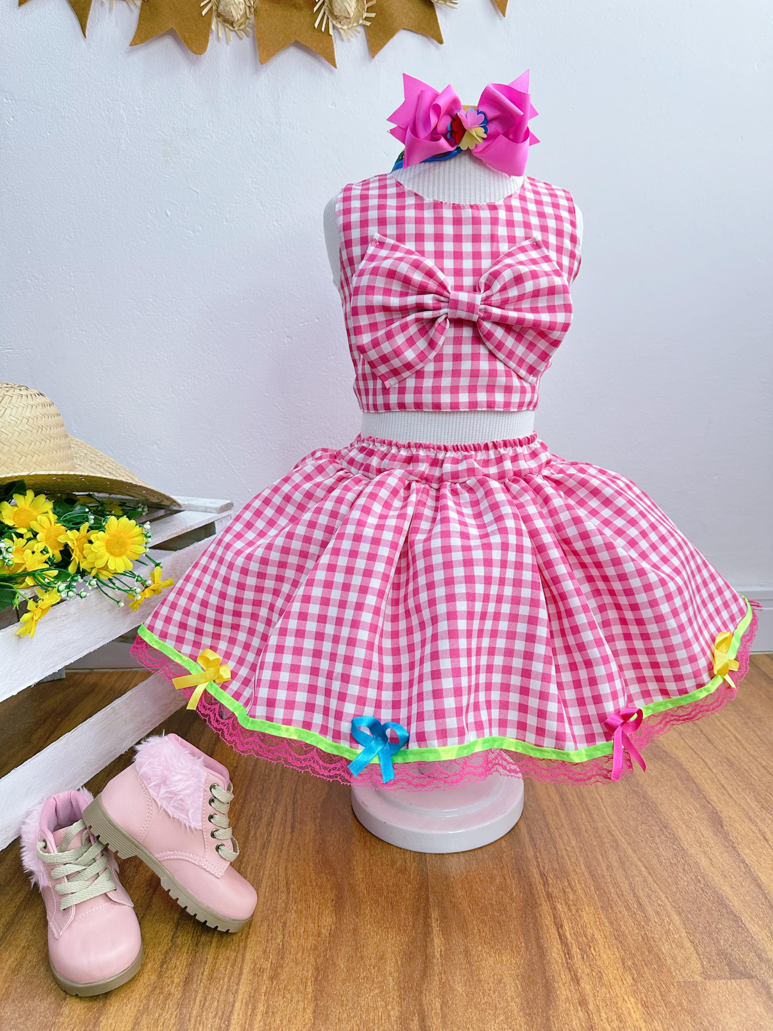 Conjunto Meninas Junino Caipira Rosa Xadrez Cropped Com Saia