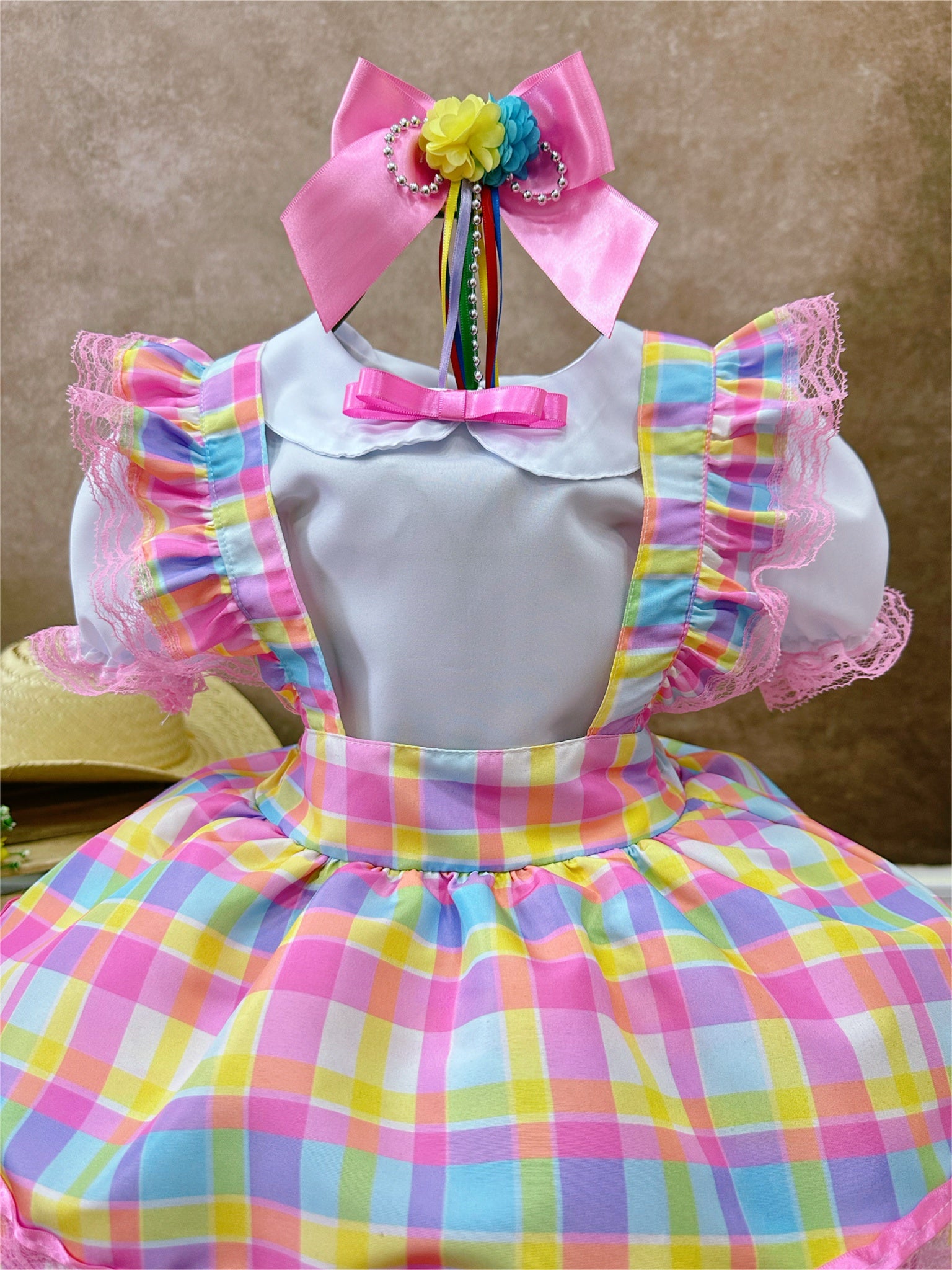 Conjunto Infantil Junino Camisa e Salopete Xadrez Rosa Estampado