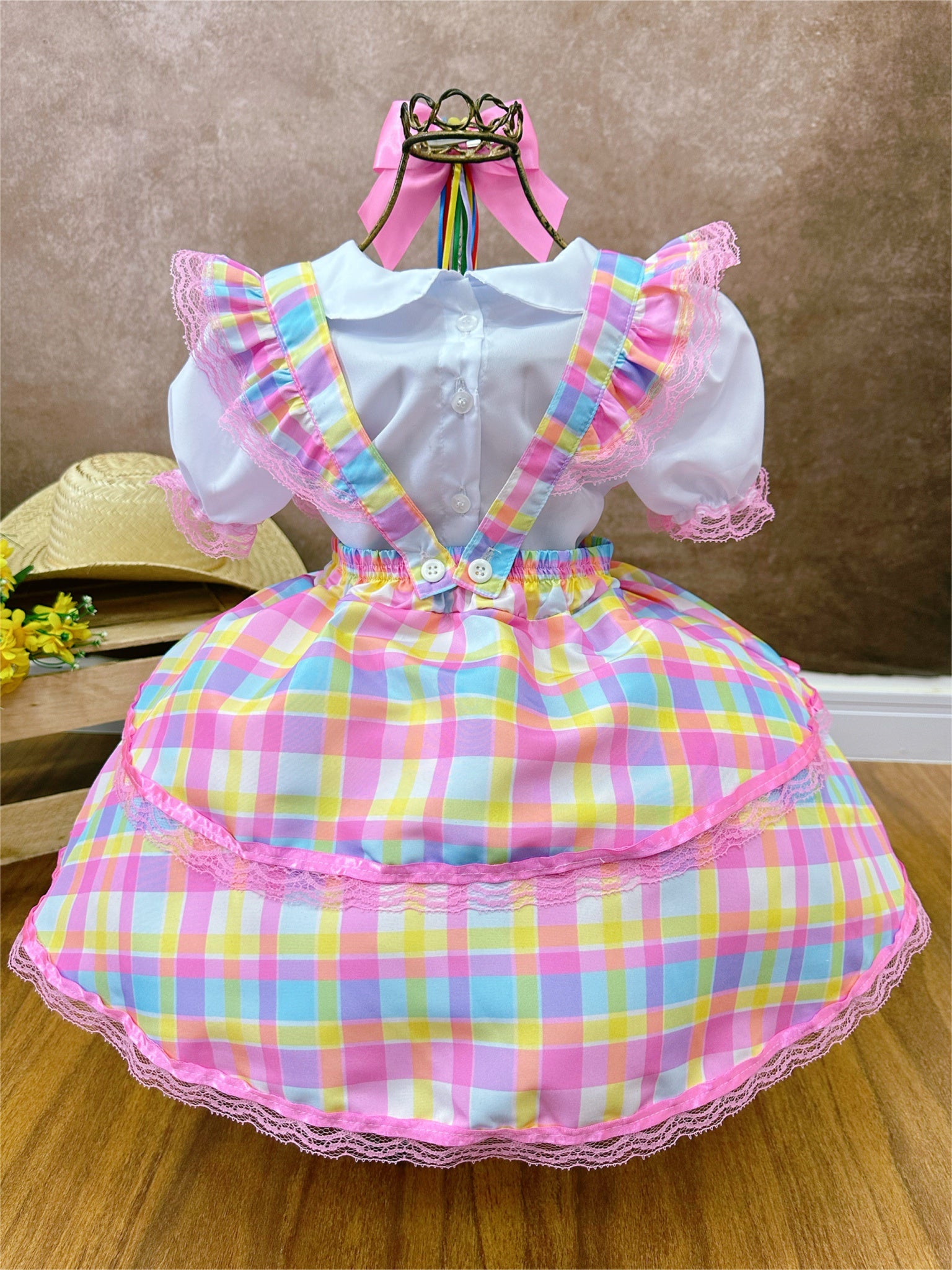 Conjunto Infantil Junino Camisa e Salopete Xadrez Rosa Estampado