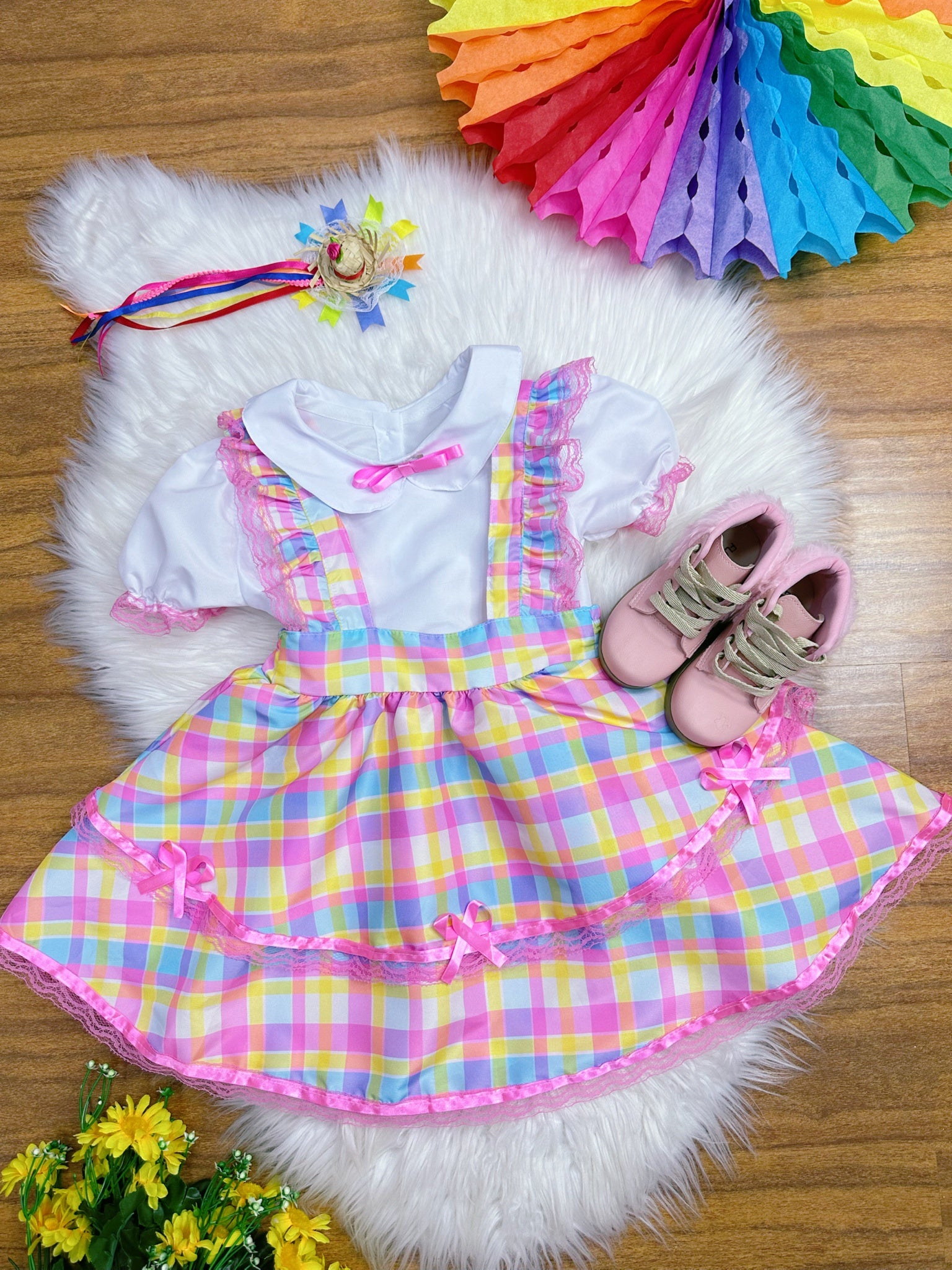 Conjunto Infantil Junino Camisa e Salopete Xadrez Rosa Estampado