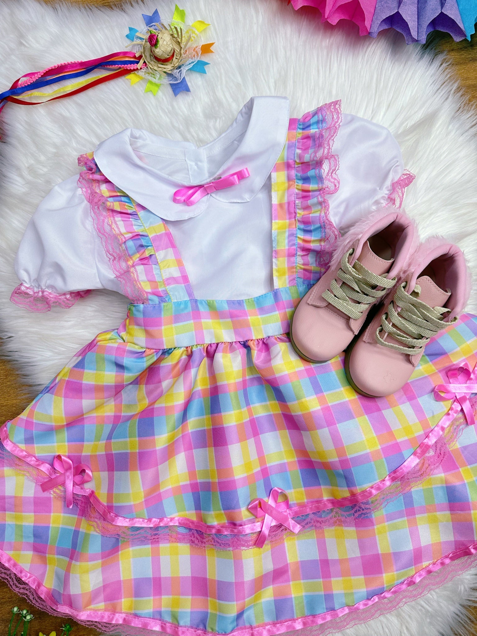 Conjunto Infantil Junino Camisa e Salopete Xadrez Rosa Estampado
