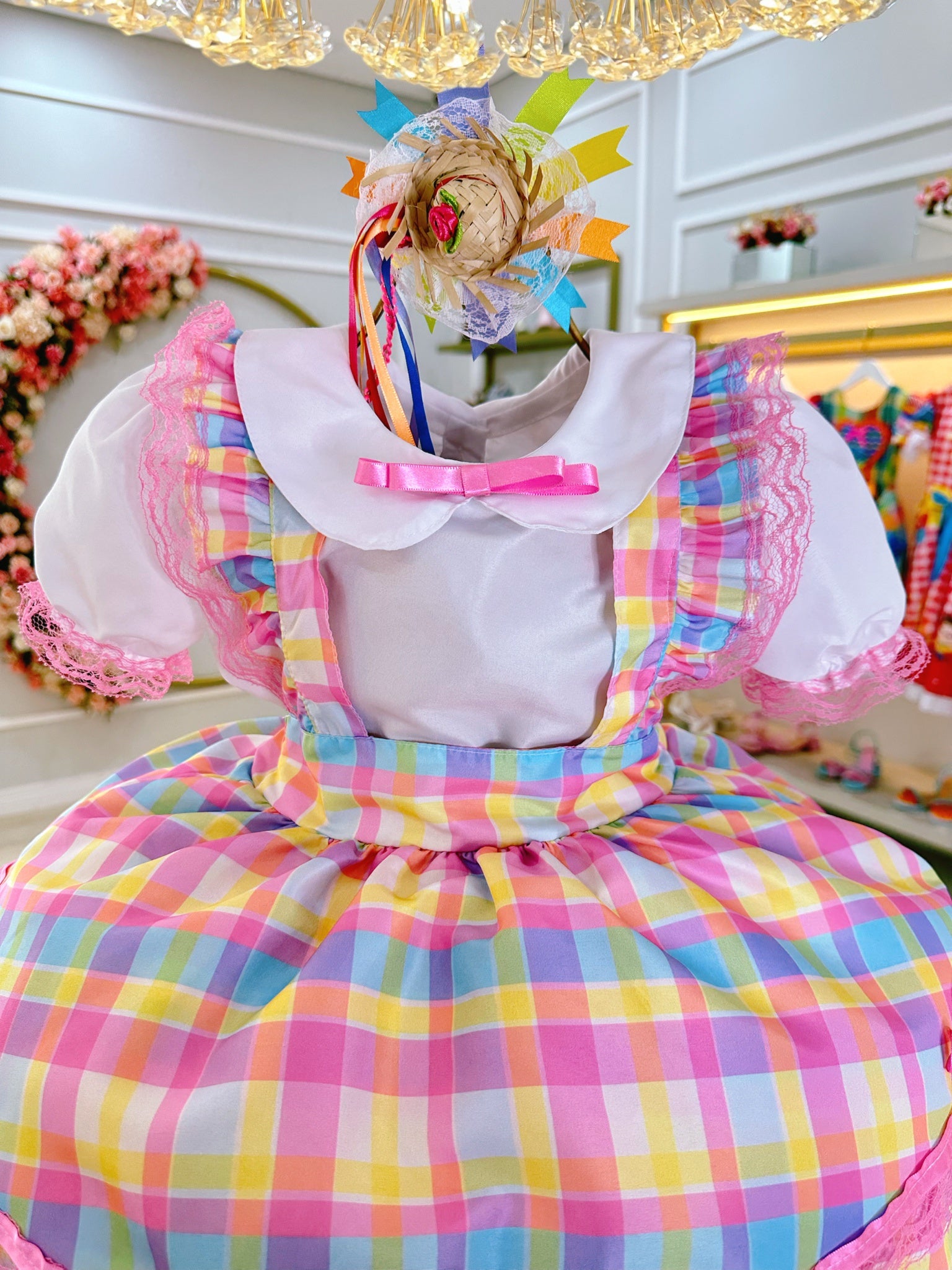 Conjunto Infantil Junino Camisa e Salopete Xadrez Rosa Estampado
