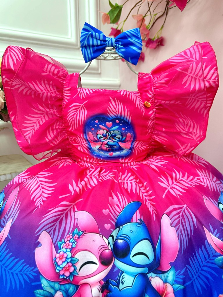 Vestido Infantil Pink Azul Lilo Stitch e Angel C/ Laço Festas