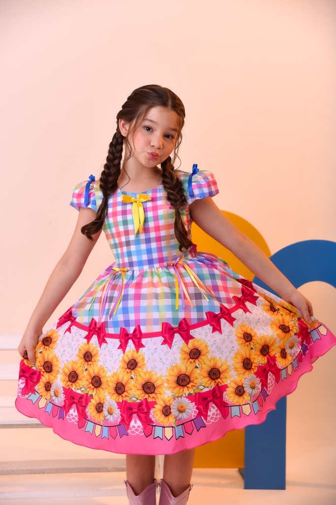 Vestido Infantil Junino Luxo Xadrez Colorido Girassol