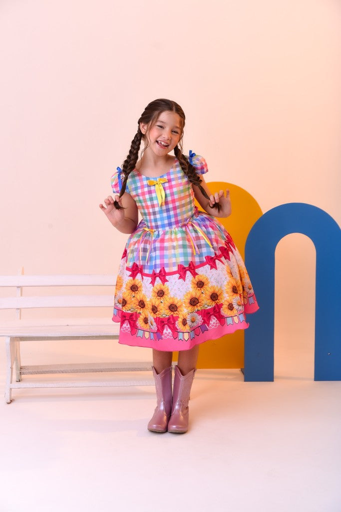 Vestido Infantil Junino Luxo Xadrez Colorido Girassol