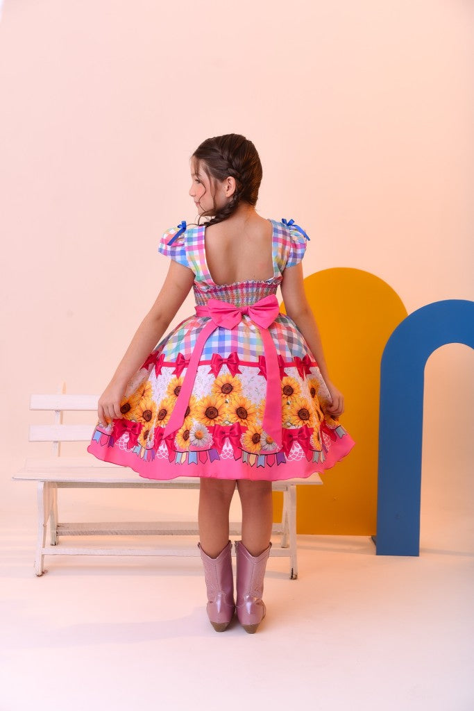 Vestido Infantil Junino Luxo Xadrez Colorido Girassol