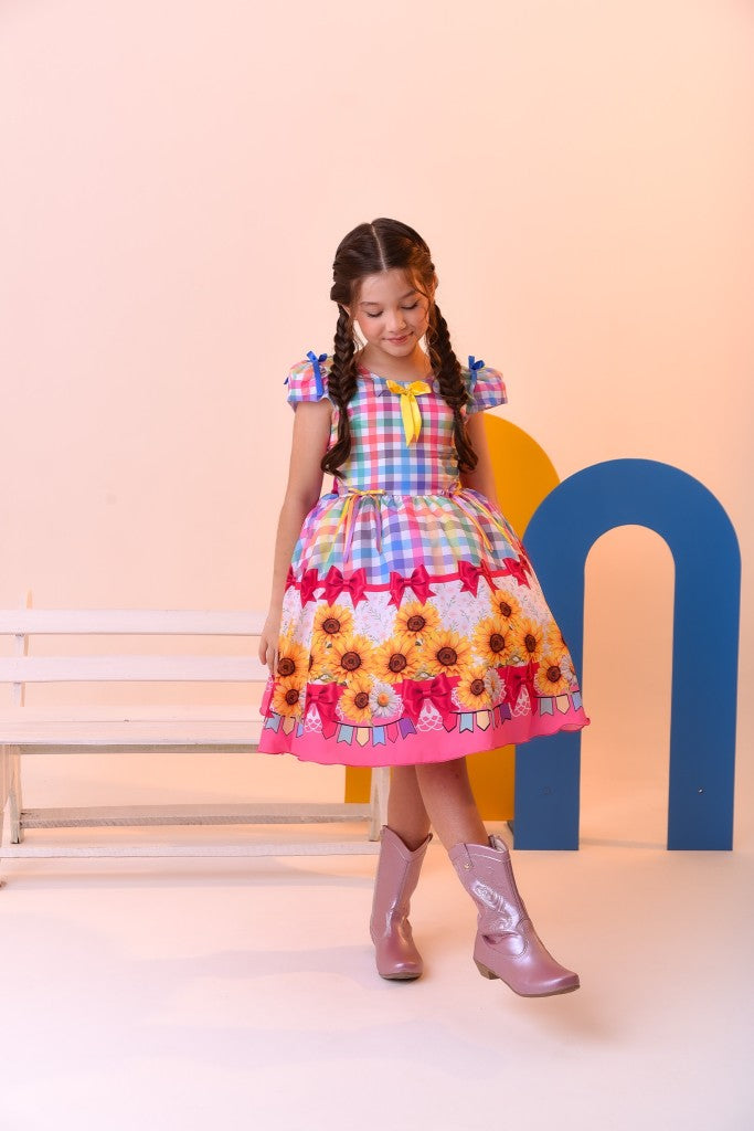Vestido Infantil Junino Luxo Xadrez Colorido Girassol