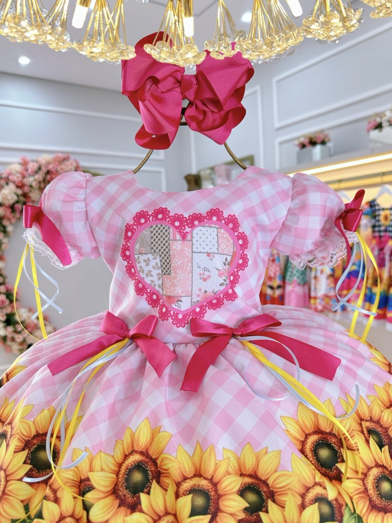 Vestido Infantil Junino Caipira Folia Girassol Xadrez Rosa