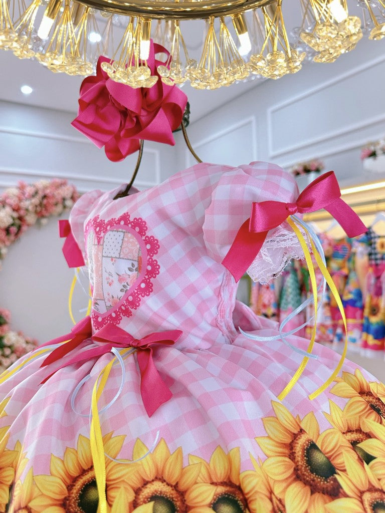 Vestido Infantil Junino Caipira Folia Girassol Xadrez Rosa