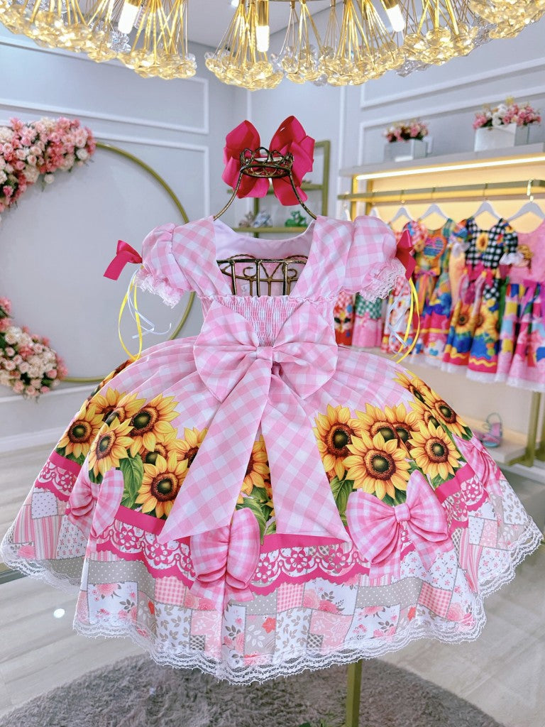 Vestido Infantil Junino Caipira Folia Girassol Xadrez Rosa