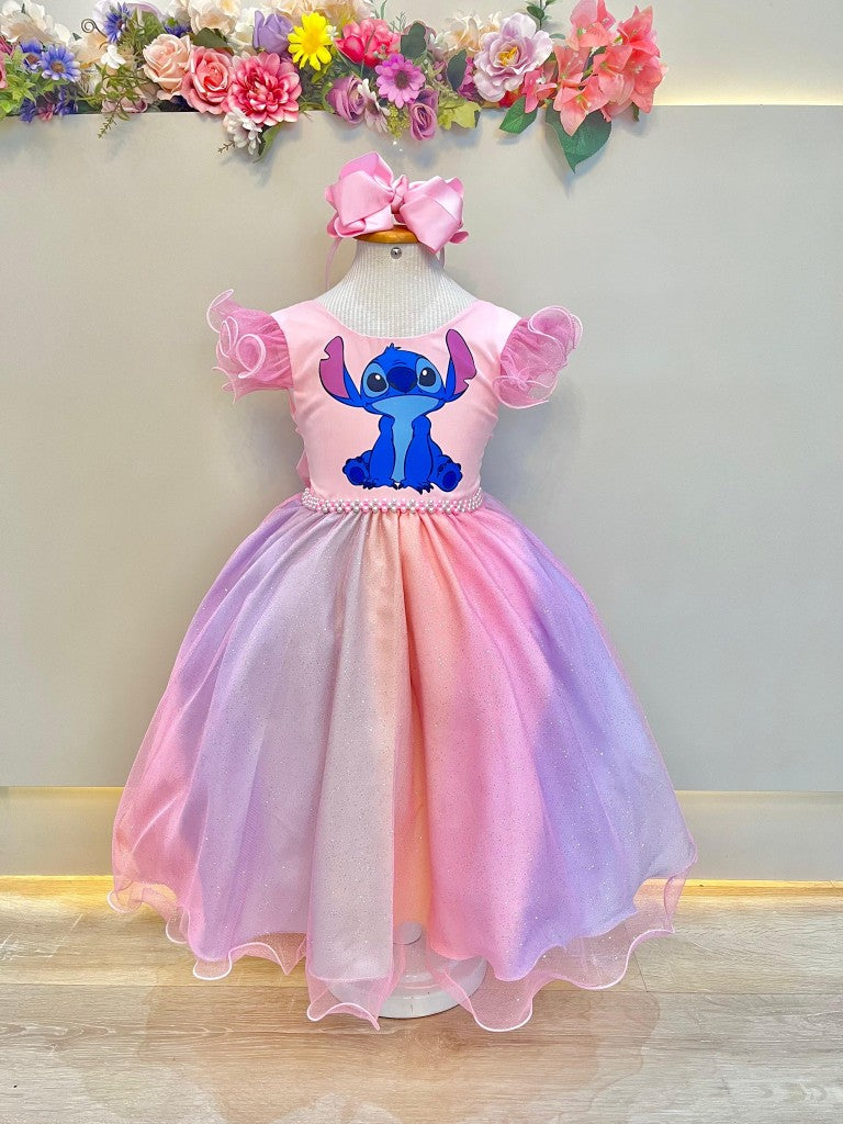 Vestido Infantil Lilo Stitch e Angel Rosa Saia Colorida