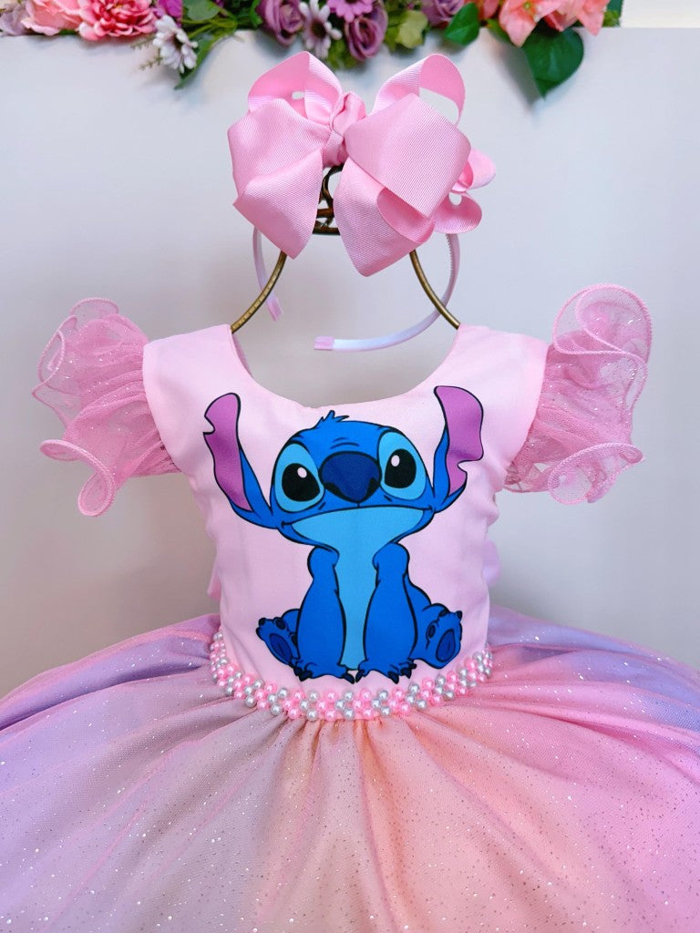 Vestido Infantil Lilo Stitch e Angel Rosa Saia Colorida