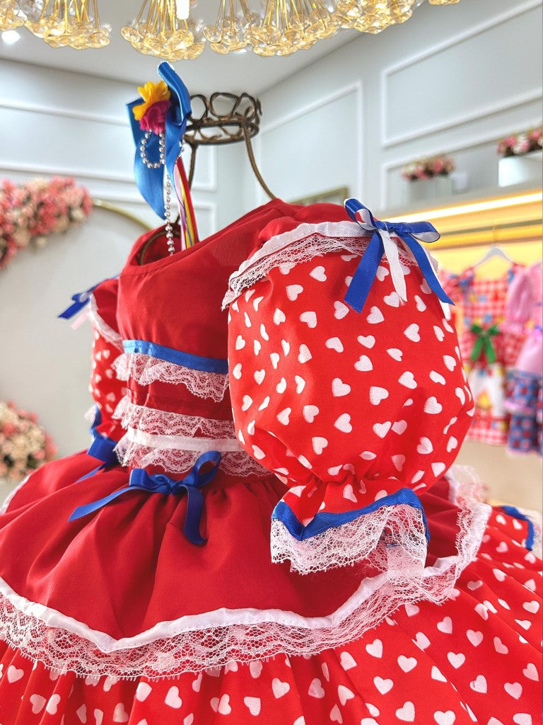 Vestido Infantil Junino Arraiá Vermelho C/ Desenho Corações