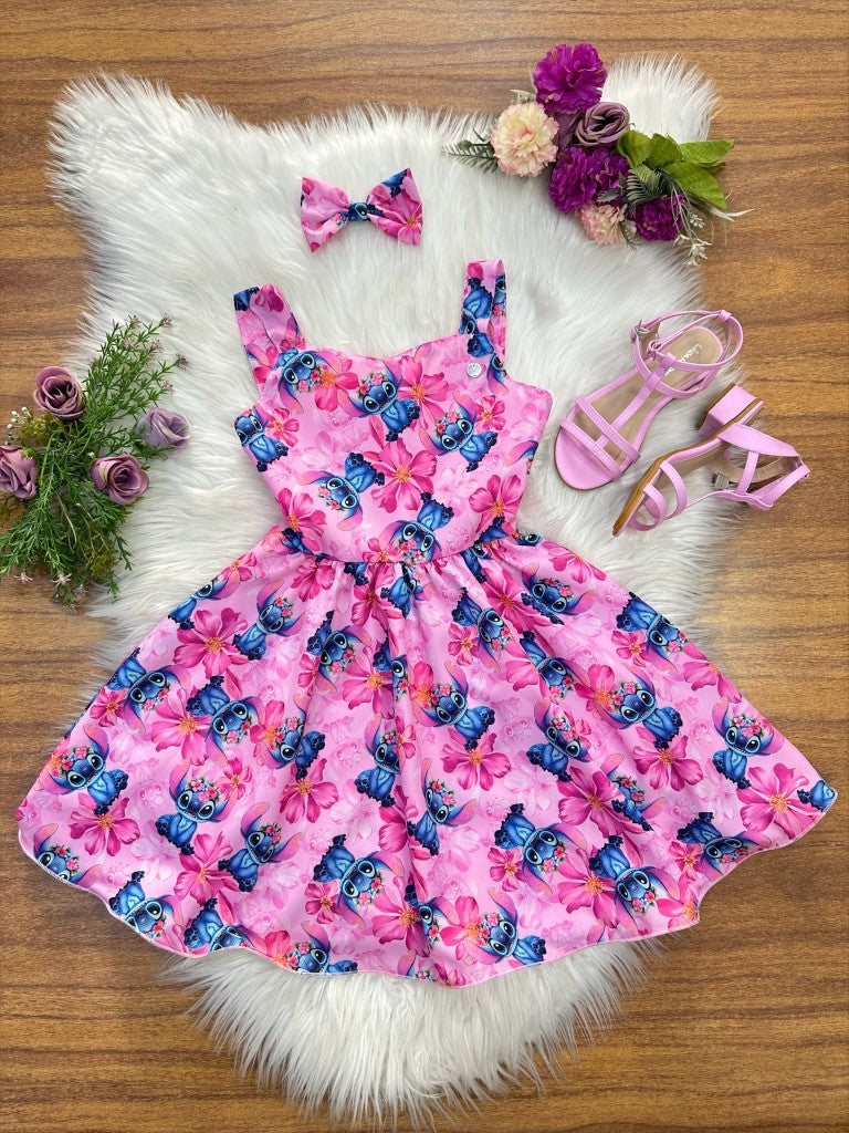 Vestido Infantil Lilo Stitch e Angel C/ Laço Rosa Colorido
