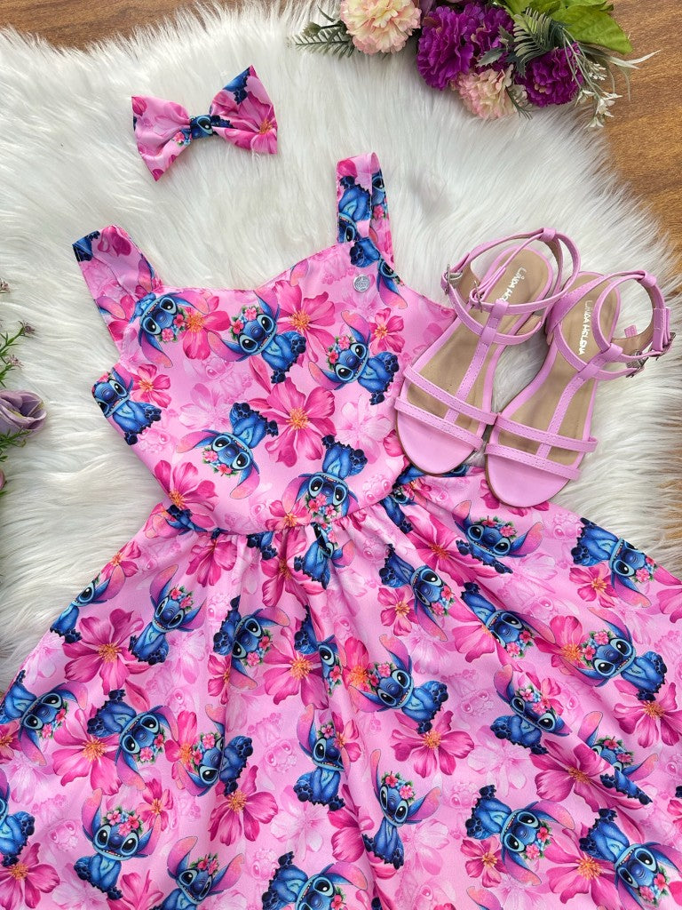 Vestido Infantil Lilo Stitch e Angel C/ Laço Rosa Colorido