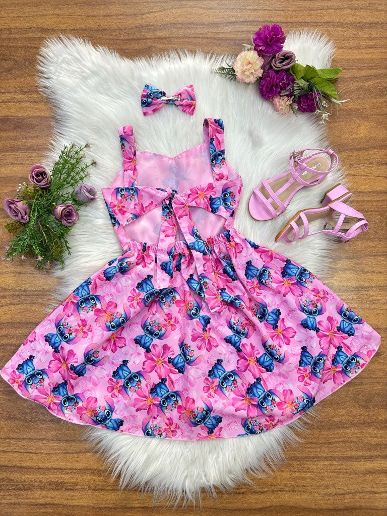 Vestido Infantil Lilo Stitch e Angel C/ Laço Rosa Colorido