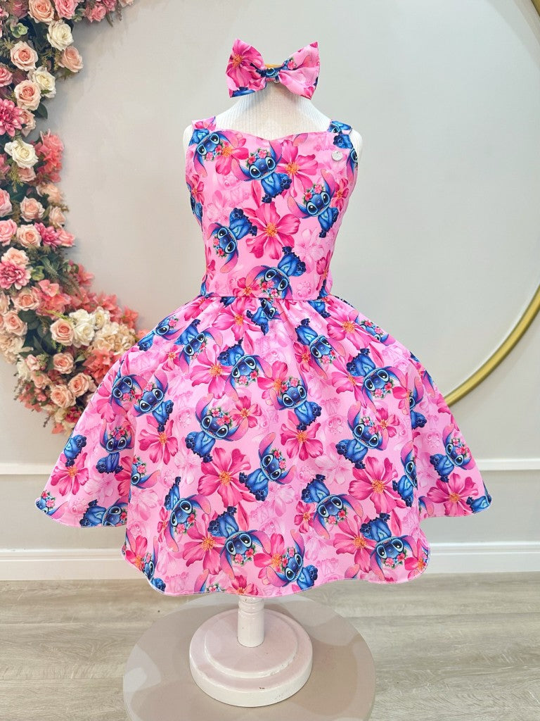 Vestido Infantil Lilo Stitch e Angel C/ Laço Rosa Colorido