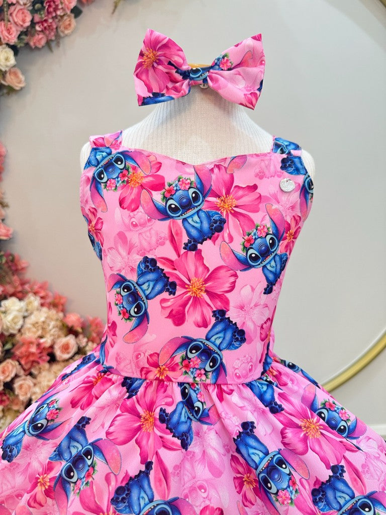 Vestido Infantil Lilo Stitch e Angel C/ Laço Rosa Colorido