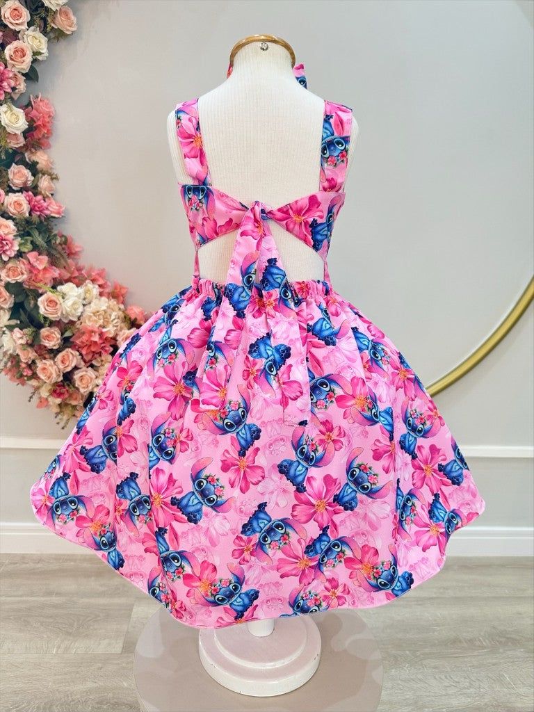 Vestido Infantil Lilo Stitch e Angel C/ Laço Rosa Colorido