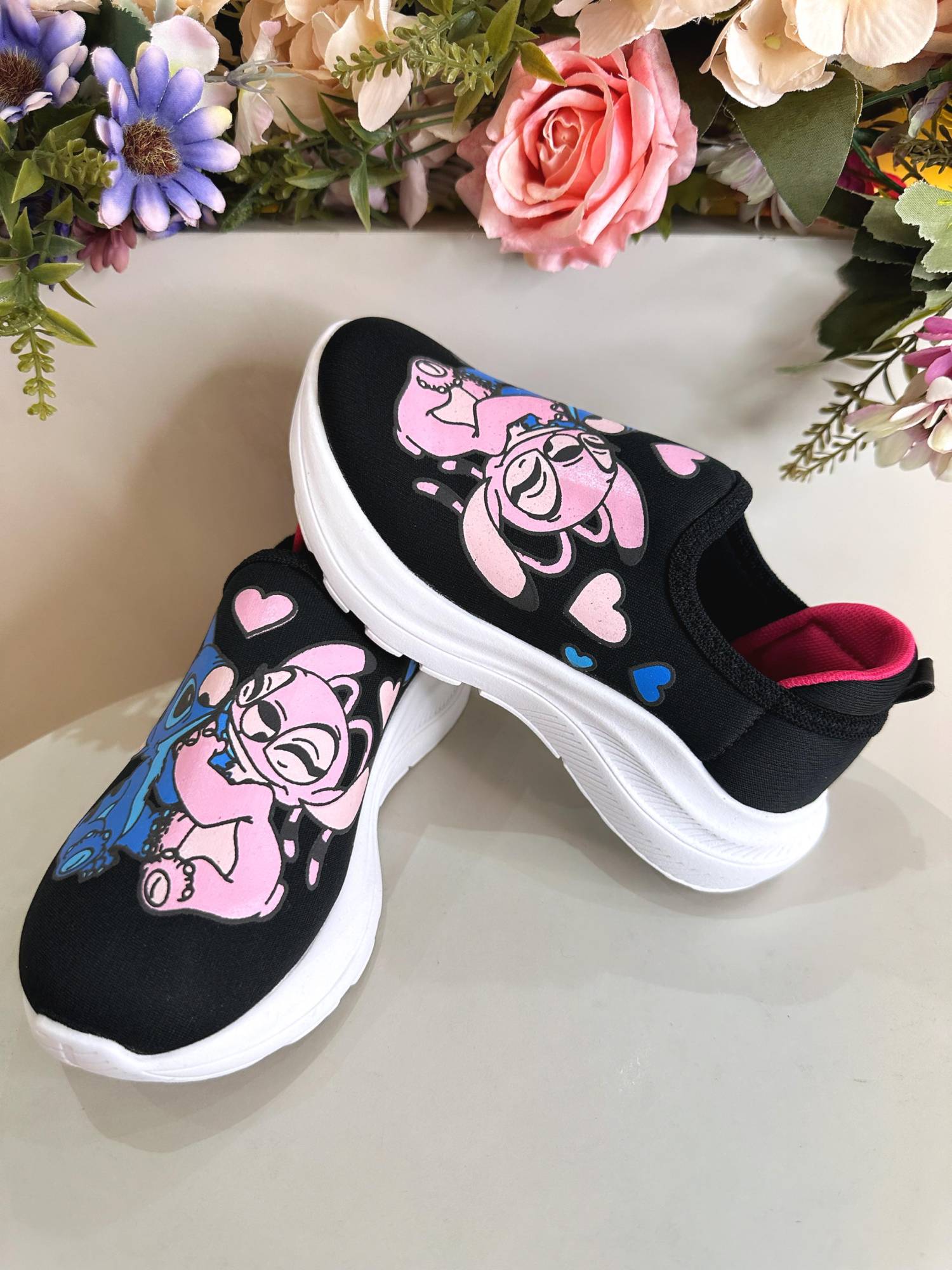 Tênis Calce Fácil Meninas Temático Lilo Stitch e Angel Preto